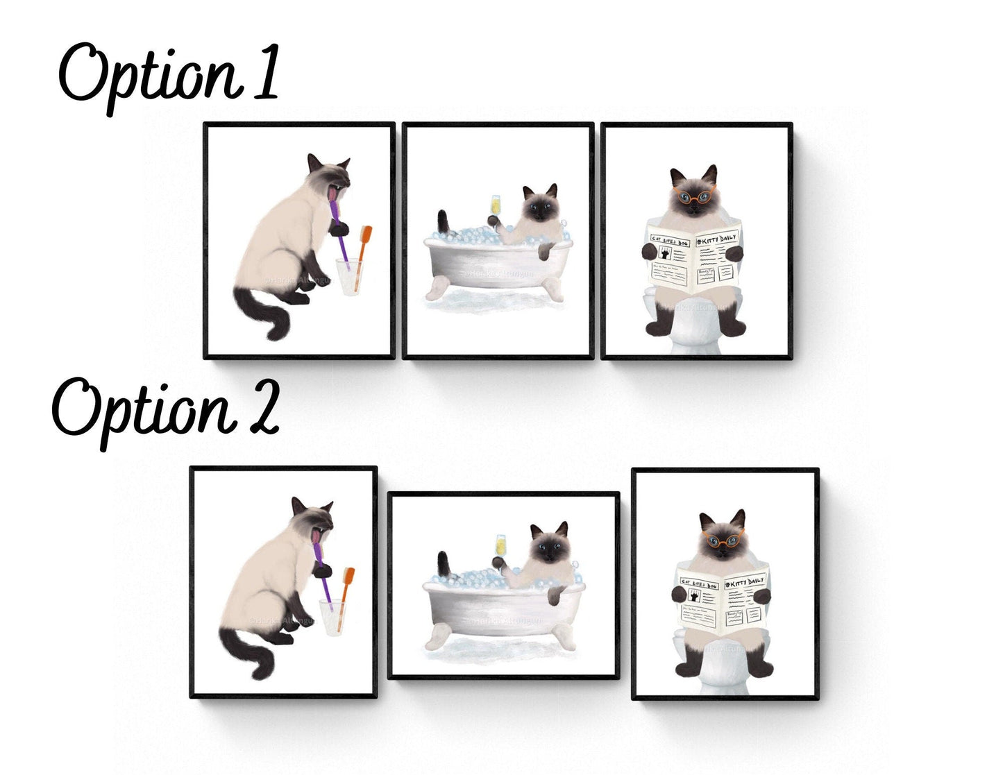 Himalayan Cat Bathroom Art Set of 3, Bathroom Wall Decor, Cute Himalayan Cat In Bath Art, Cat On Toilet Print, Cat Lover Gift, Cat Spa Day - MerikaArt