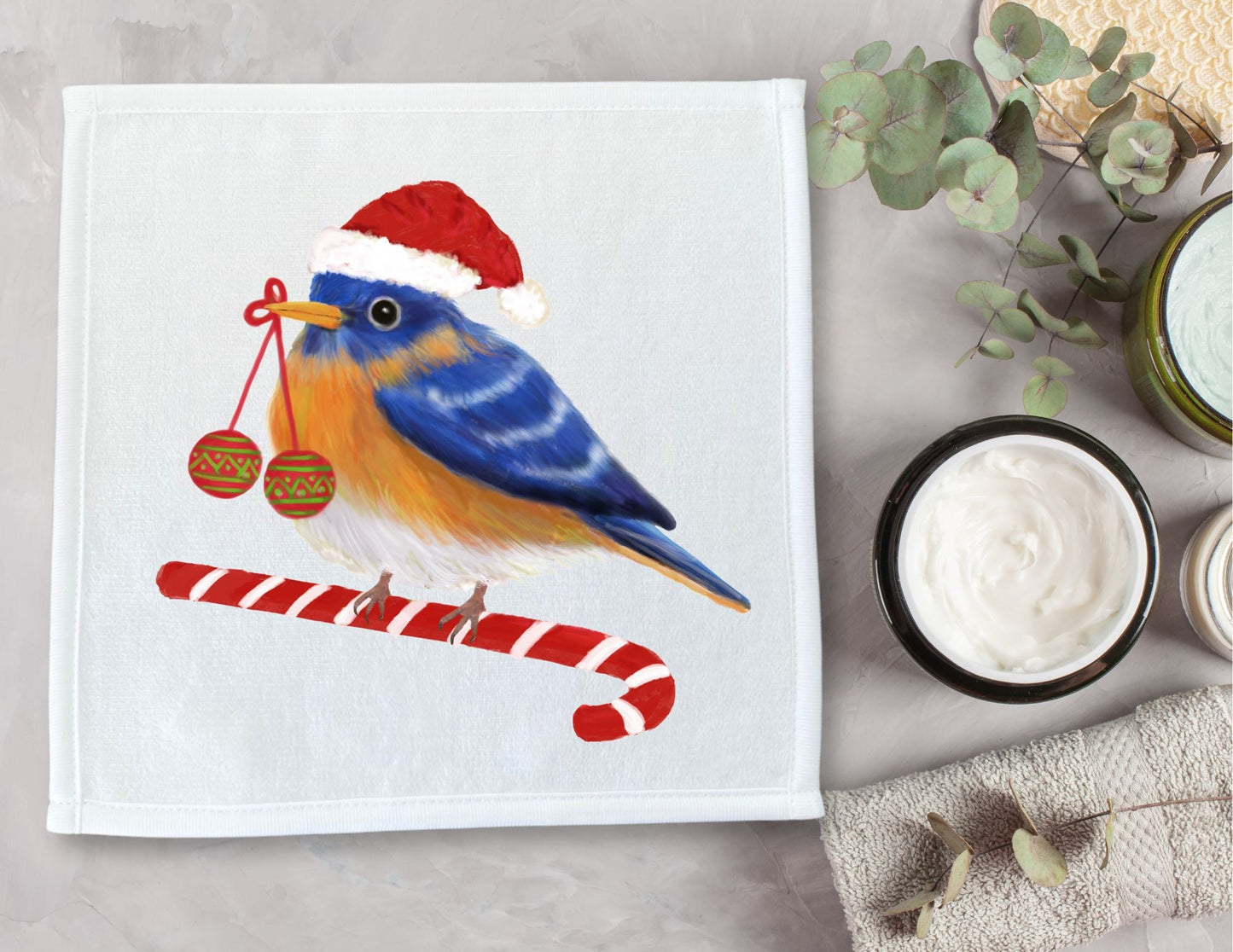 Holiday Bluebird Washcloth | "Candy Cane Cheer" - MerikaArt