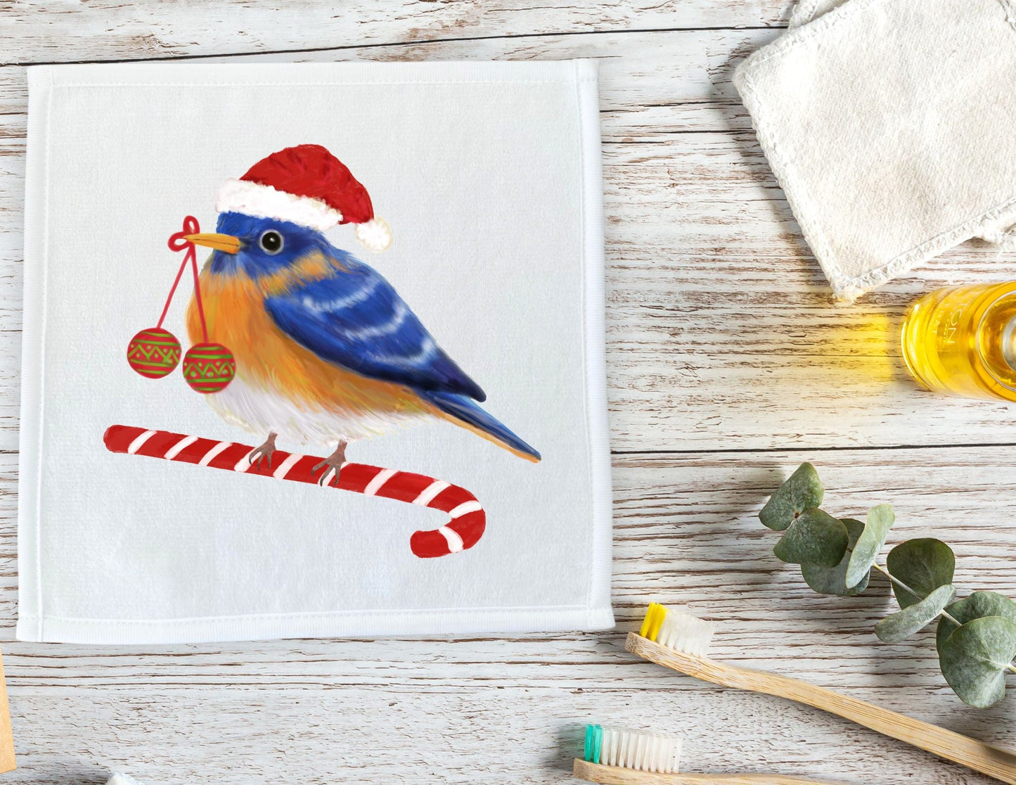 Holiday Bluebird Washcloth | "Candy Cane Cheer" - MerikaArt