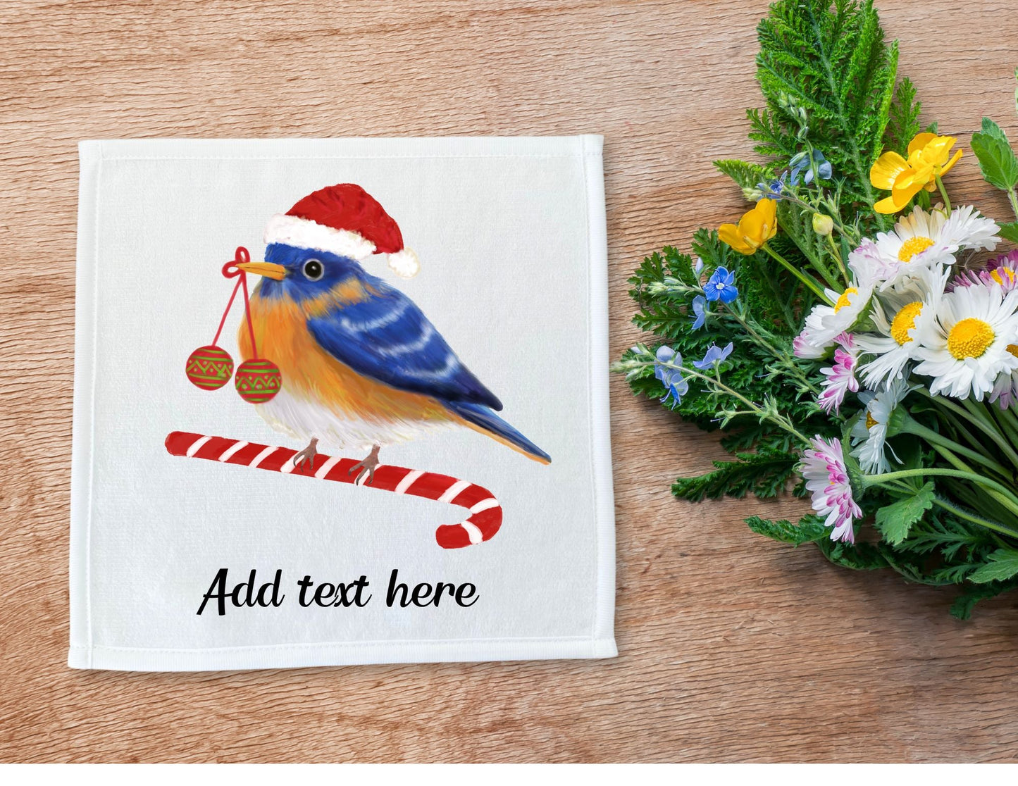Holiday Bluebird Washcloth | "Candy Cane Cheer" - MerikaArt