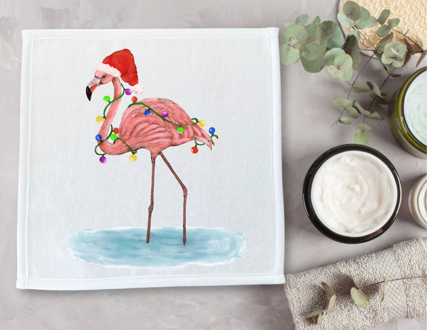 Holiday Flamingo Washcloth | "Festive Flamingo Glow" - MerikaArt