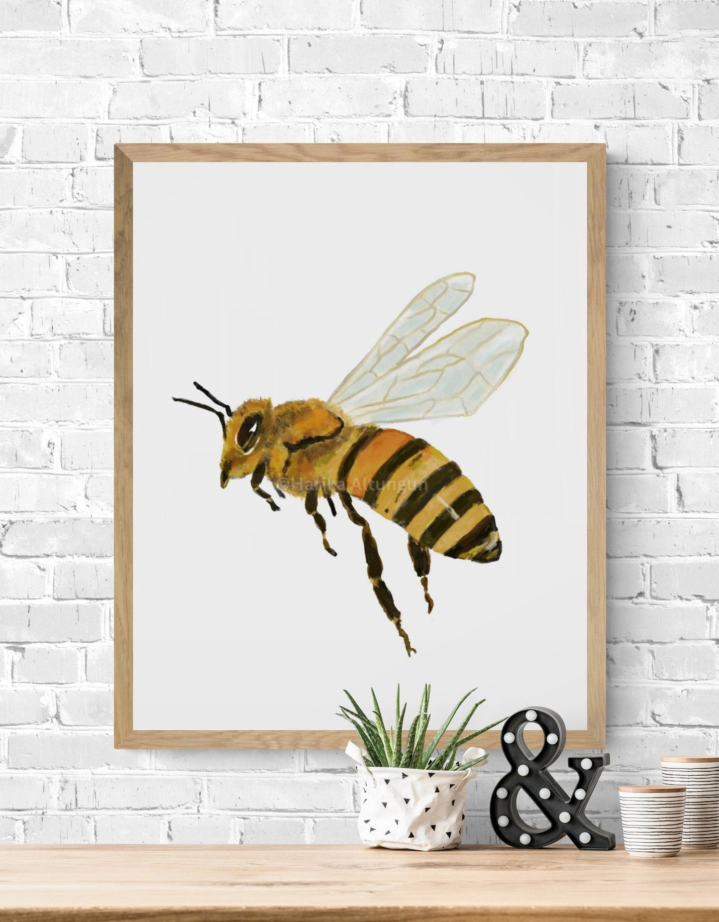 Honey Bee Print, Honeybee Portrait, Living Room Wall Art, Home Decor, Wildlife Illustration, Animal Lover Gift, Kitchen Wall Painting - MerikaArt