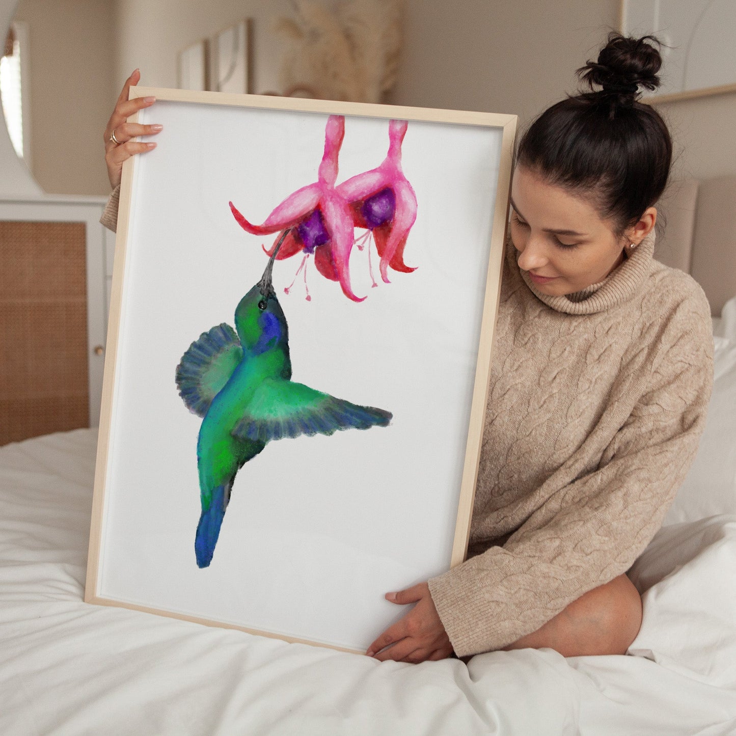 Hummingbird and Fuchsia Flower Art Print - MerikaArt