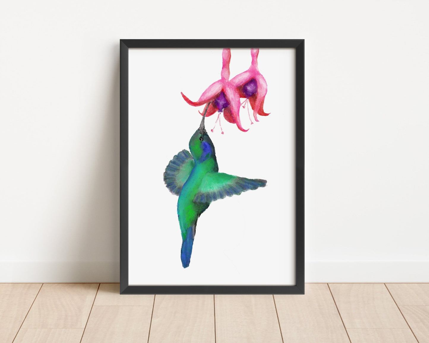 Hummingbird and Fuchsia Flower Art Print - MerikaArt