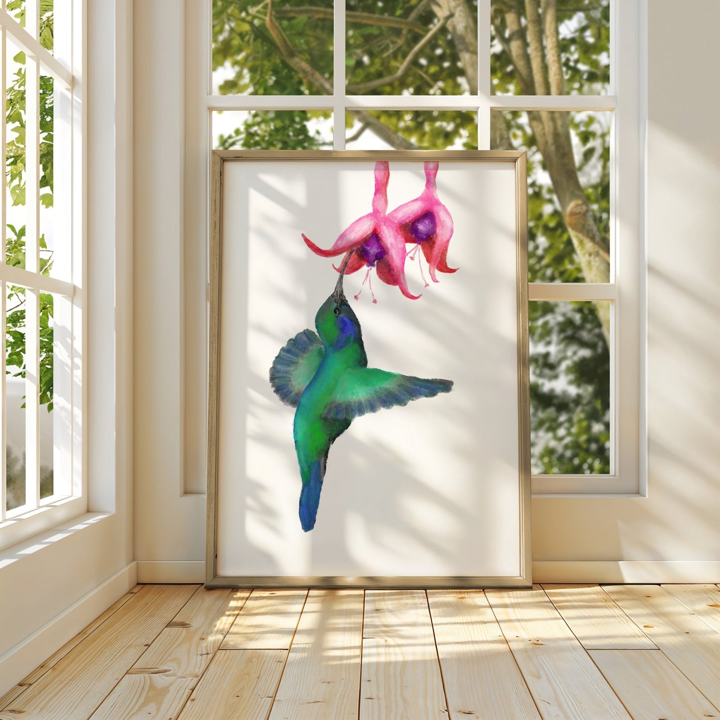 Hummingbird and Fuchsia Flower Art Print - MerikaArt