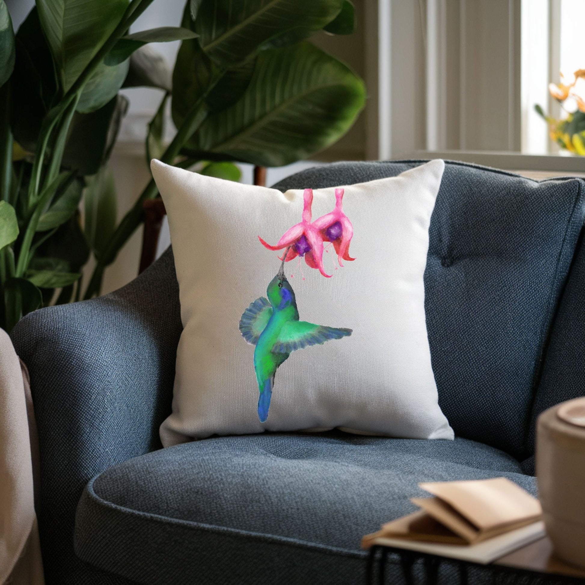 Hummingbird and Fuchsia Flower Pillow - MerikaArt