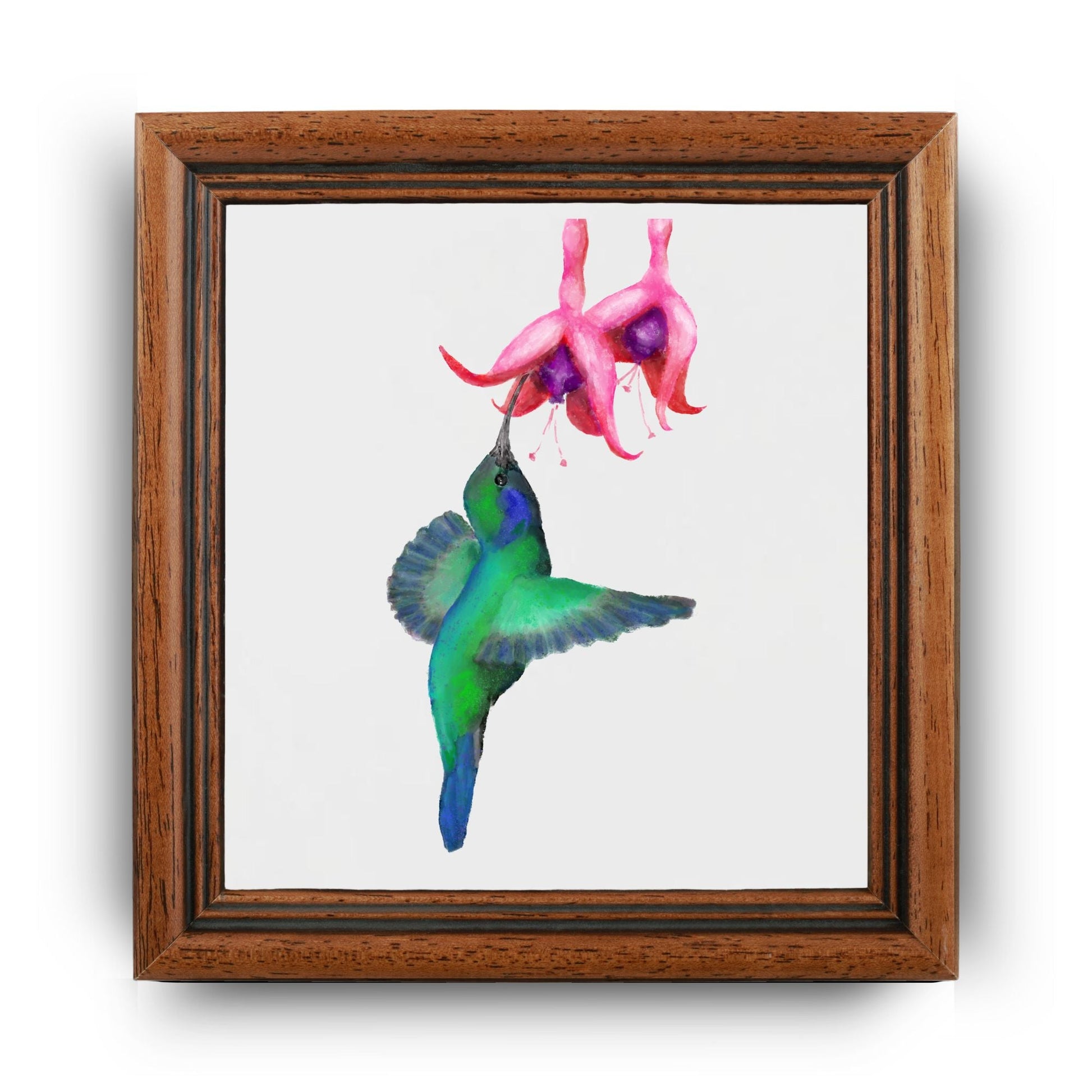 Hummingbird with Flower Ceramic Tile – Handcrafted Vibrant Bird Artwork - MerikaArt
