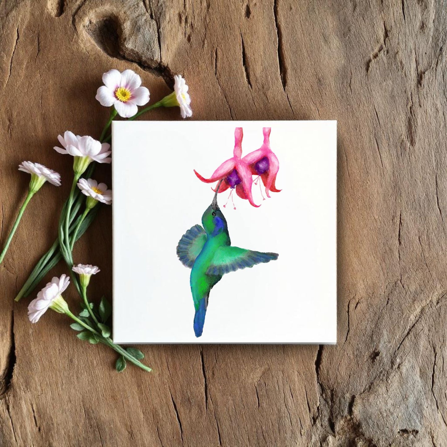 Hummingbird with Flower Ceramic Tile – Handcrafted Vibrant Bird Artwork - MerikaArt