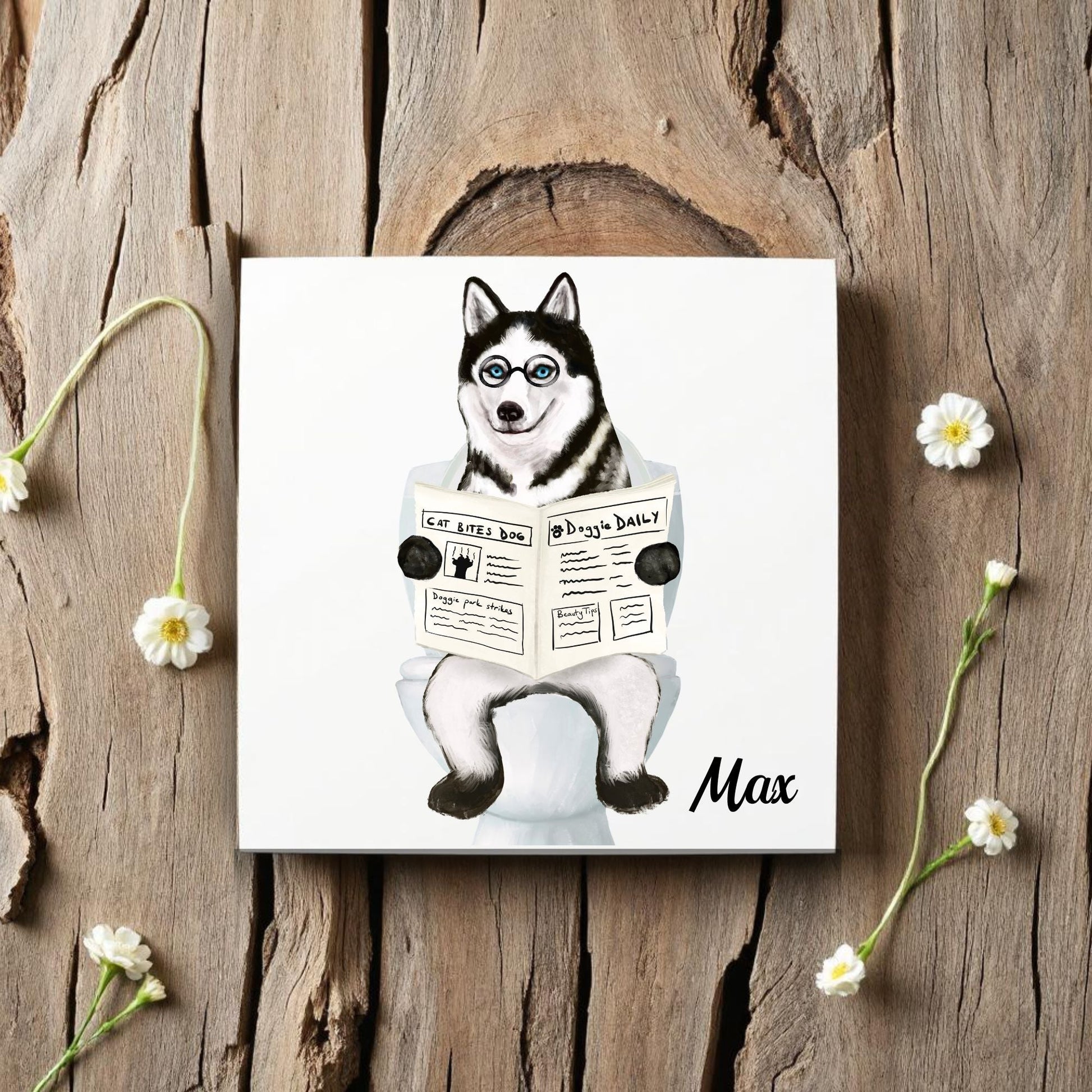 Husky Dog Reading Newspaper Bathroom Ceramic Tile - MerikaArt
