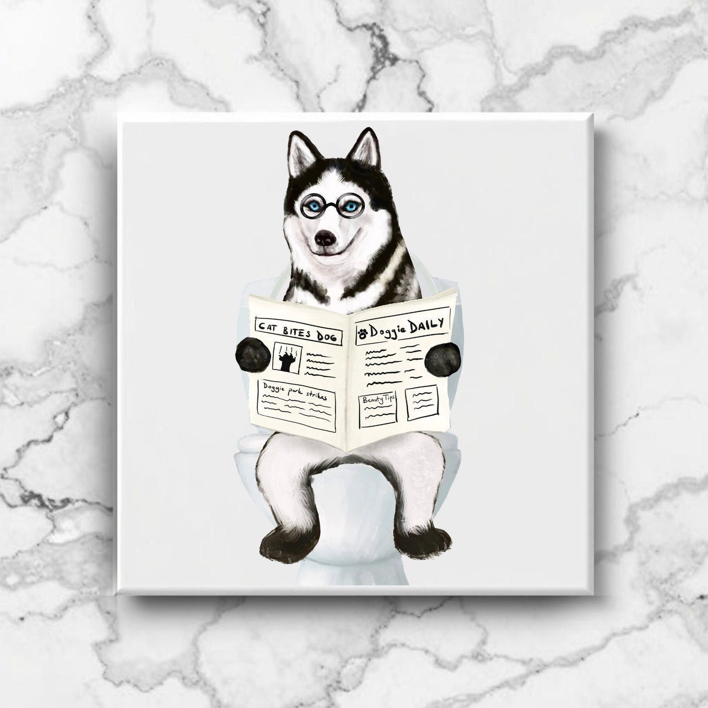 Husky Dog Reading Newspaper Bathroom Ceramic Tile - MerikaArt