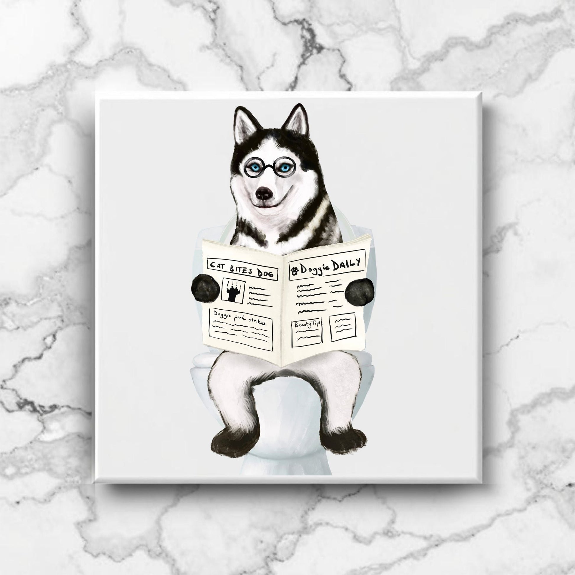 Husky Dog Reading Newspaper Bathroom Ceramic Tile - MerikaArt