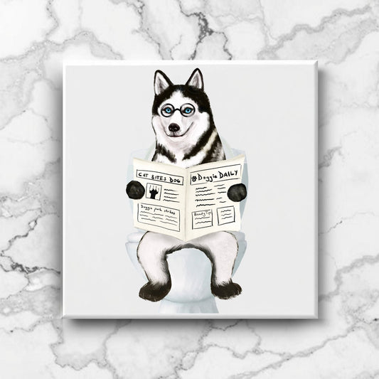 Husky Dog Reading Newspaper Bathroom Ceramic Tile - MerikaArt