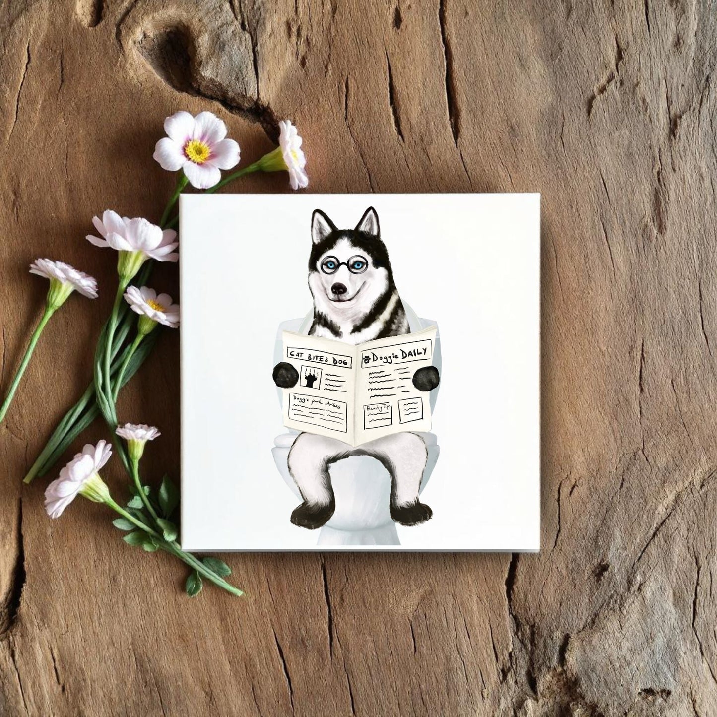 Husky Dog Reading Newspaper Bathroom Ceramic Tile - MerikaArt