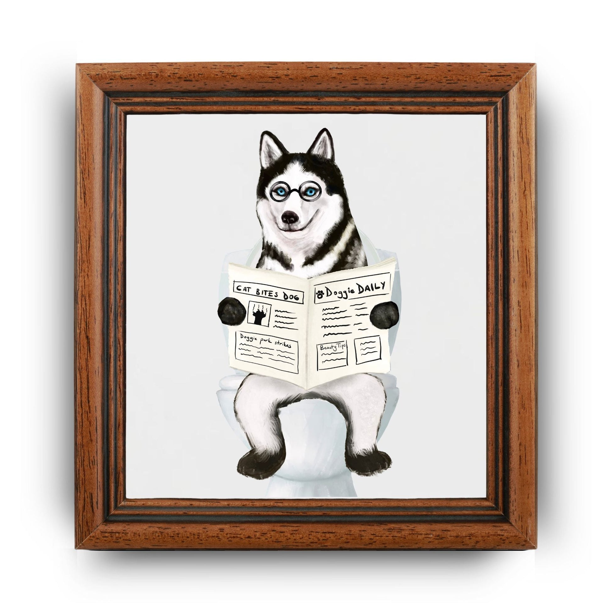 Husky Dog Reading Newspaper Bathroom Ceramic Tile - MerikaArt