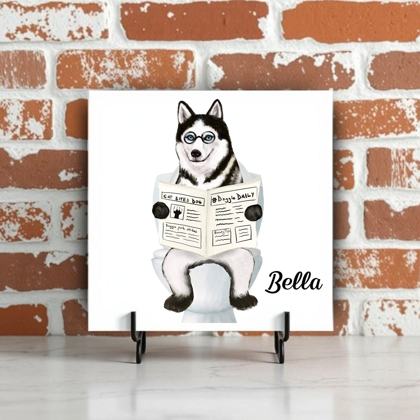 Husky Dog Reading Newspaper Bathroom Ceramic Tile - MerikaArt