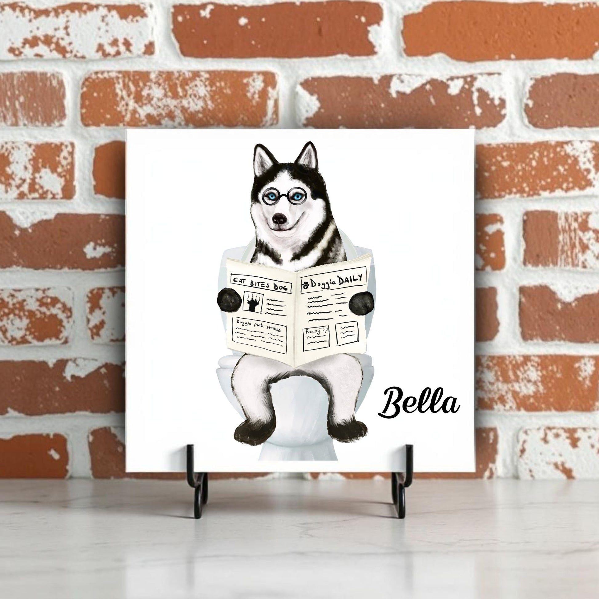 Husky Dog Reading Newspaper Bathroom Ceramic Tile - MerikaArt