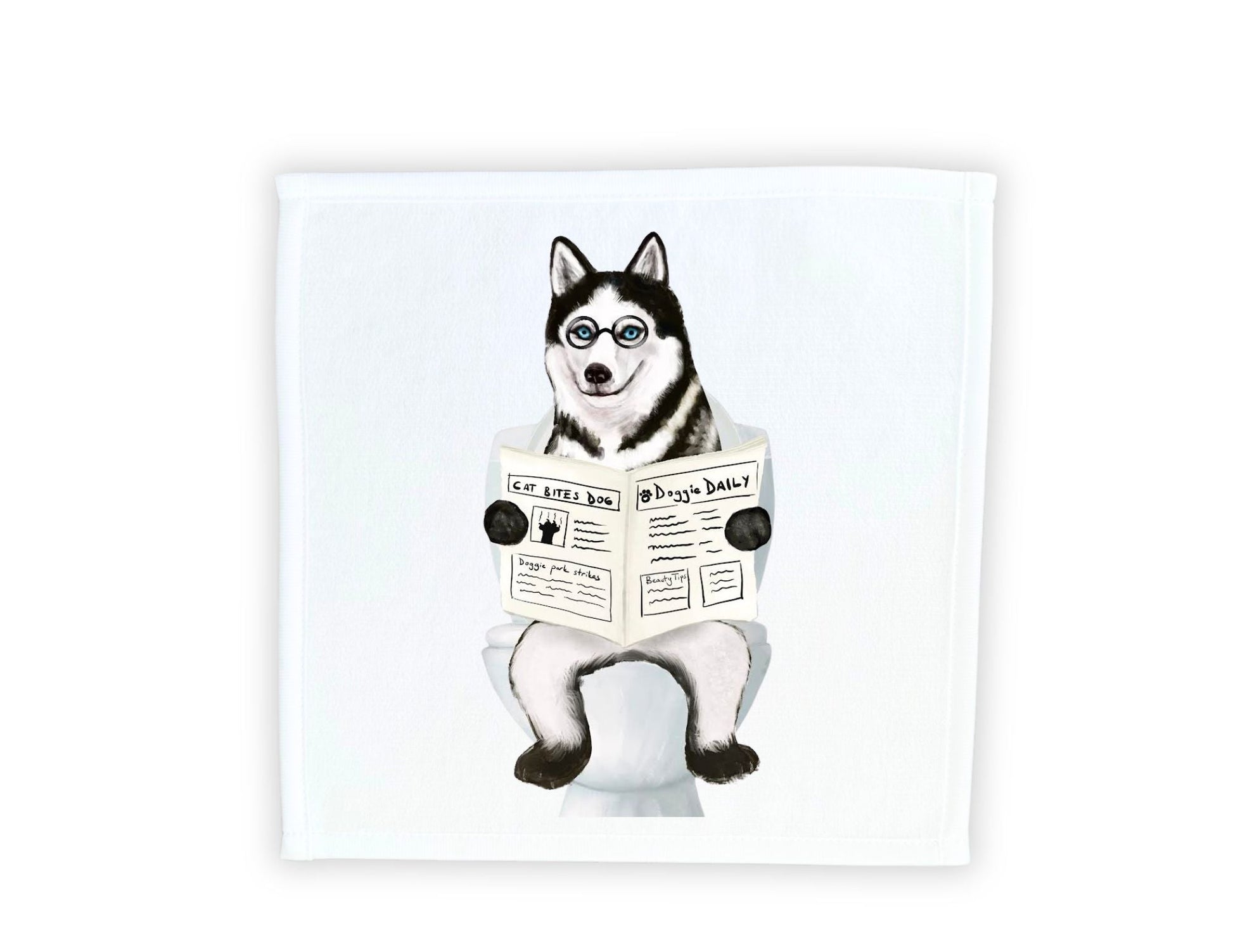 Husky on the Toilet Washcloth – Quirky Dog Lover's Gift - MerikaArt