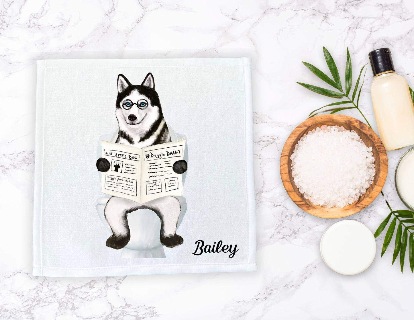 Husky on the Toilet Washcloth – Quirky Dog Lover's Gift - MerikaArt