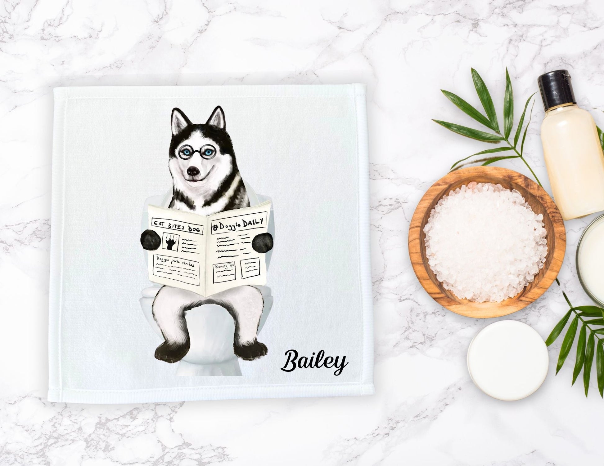 Husky on the Toilet Washcloth – Quirky Dog Lover's Gift - MerikaArt