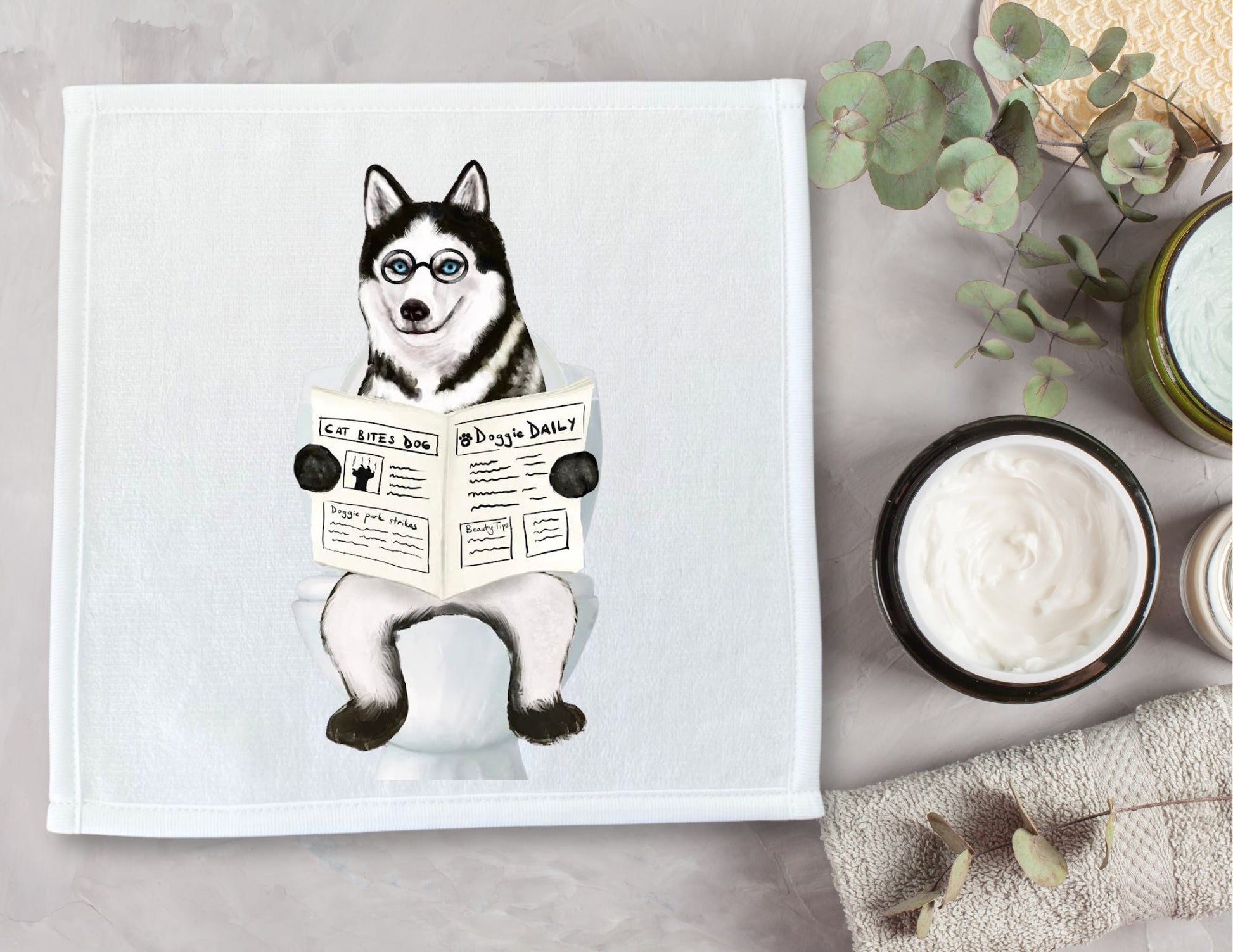 Husky on the Toilet Washcloth – Quirky Dog Lover's Gift - MerikaArt