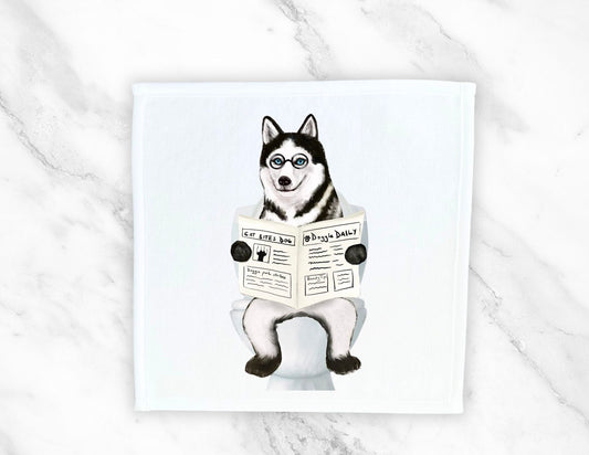 Husky on the Toilet Washcloth – Quirky Dog Lover's Gift - MerikaArt