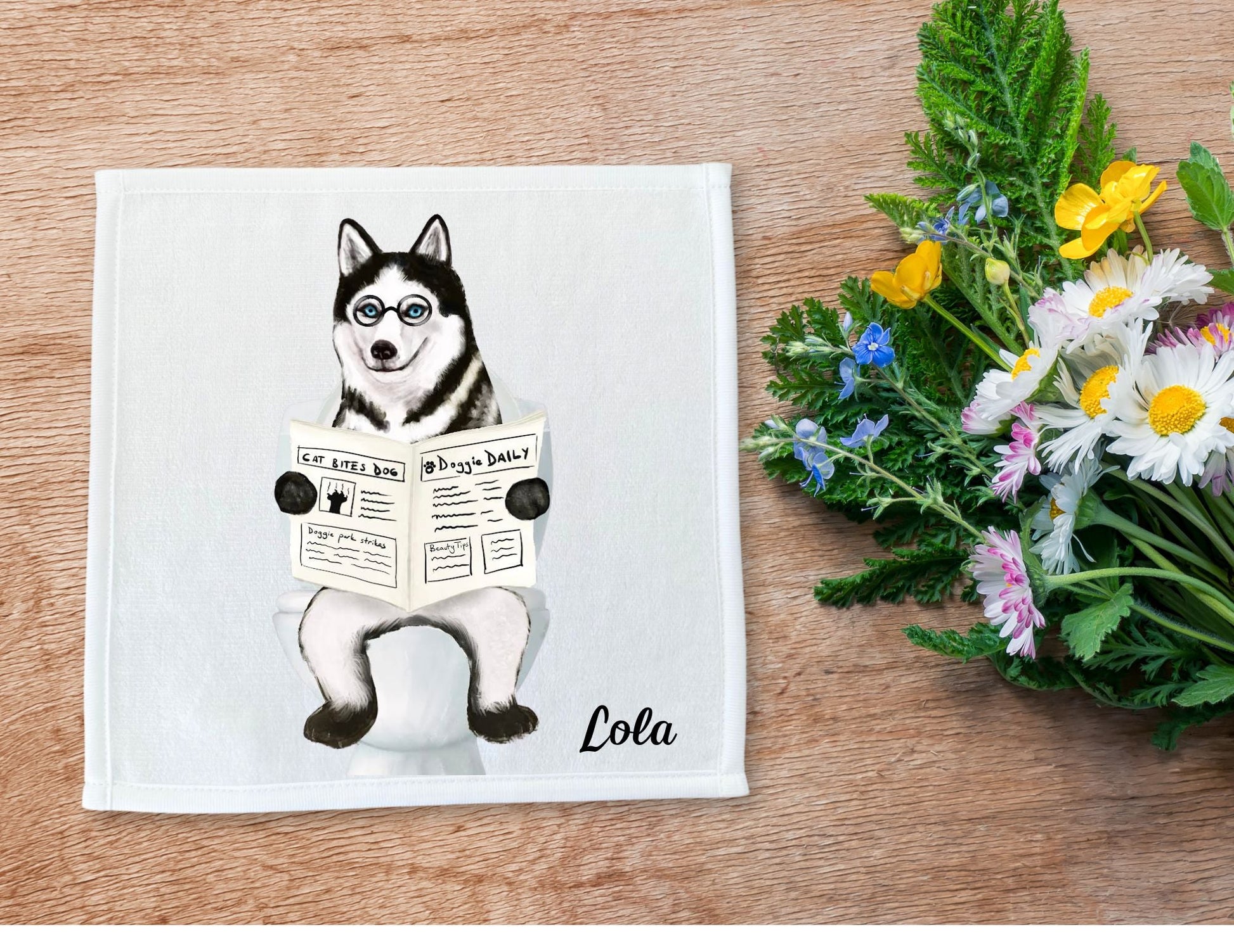 Husky on the Toilet Washcloth – Quirky Dog Lover's Gift - MerikaArt