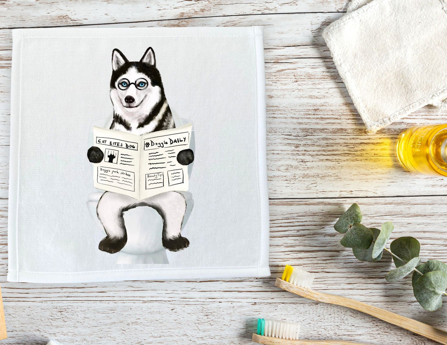 Husky on the Toilet Washcloth – Quirky Dog Lover's Gift - MerikaArt
