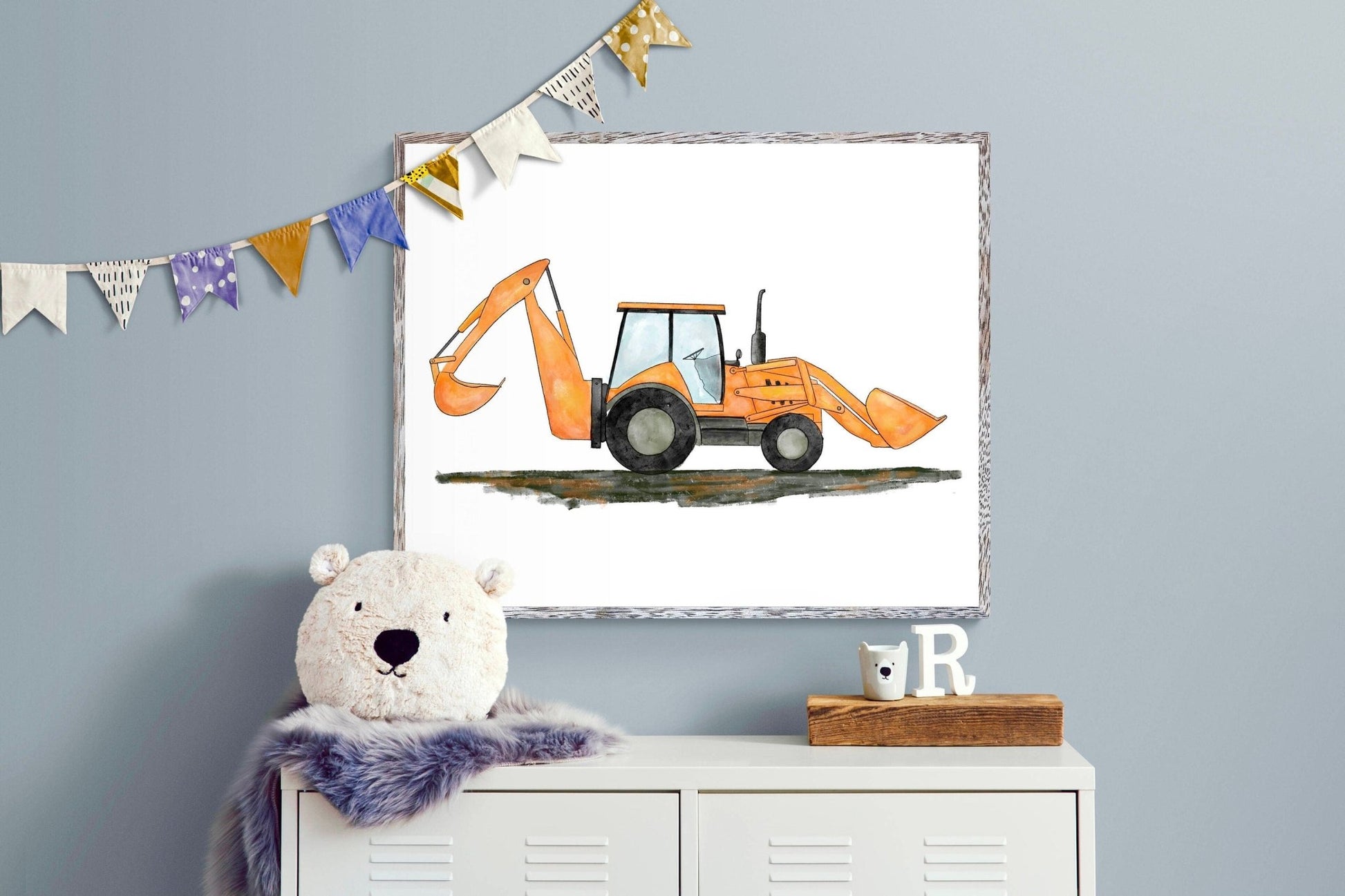 Kids Room Backhoe Wall Art, Backhoe Loader Painting, Construction Nursery Art, Construction Vehicles Poster, Nursery Gift, Loader Excavator - MerikaArt