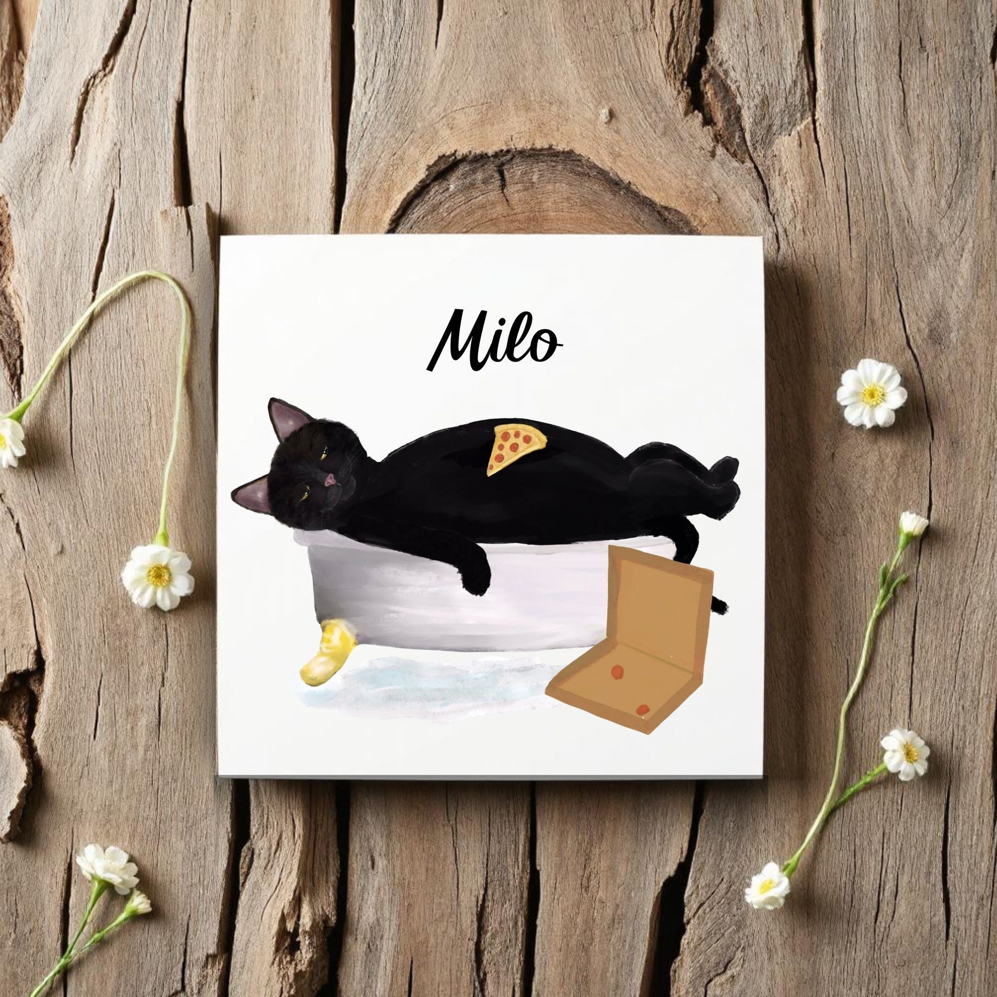 Lazy Cat with Pizza Ceramic Tile - MerikaArt