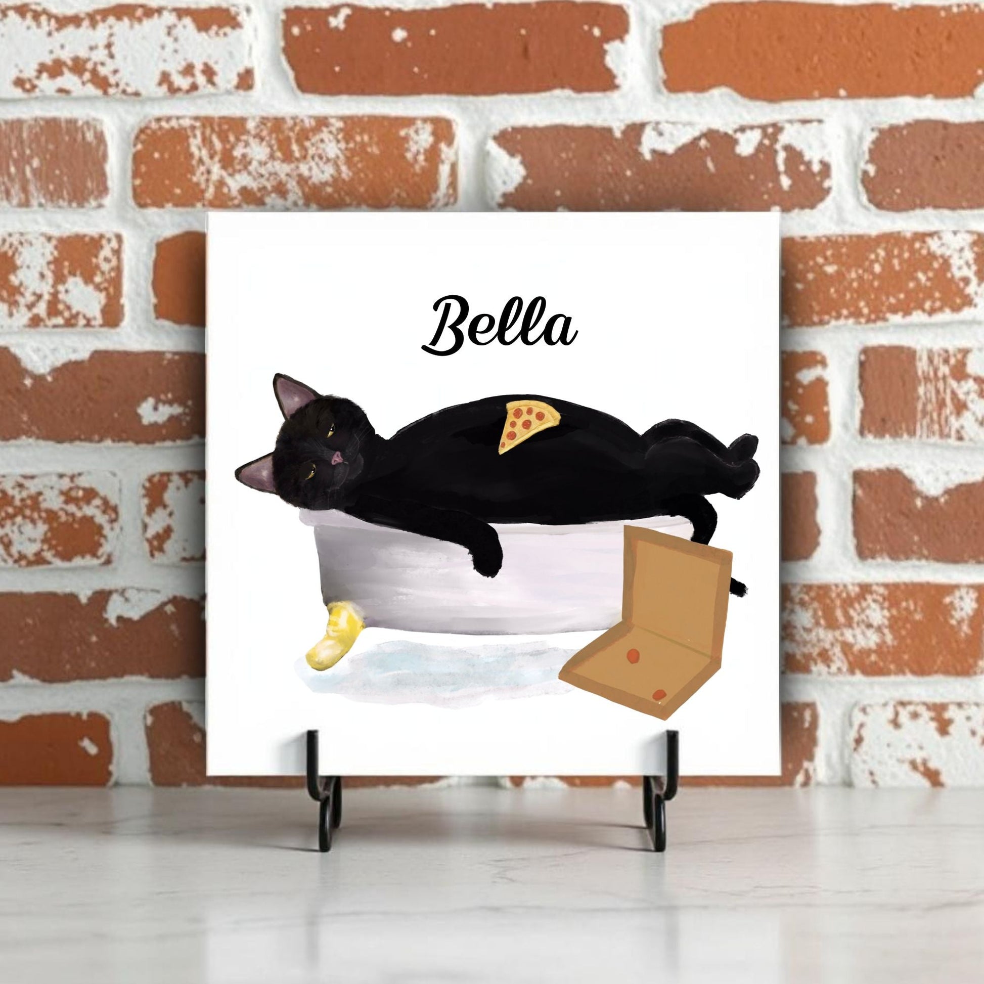 Lazy Cat with Pizza Ceramic Tile - MerikaArt