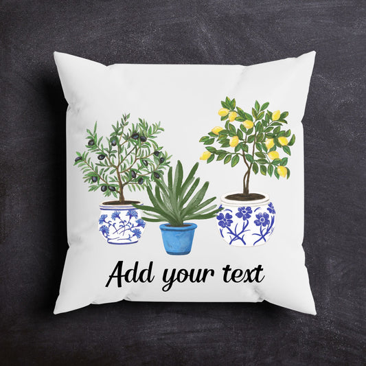 Lemon Olive Aloe Pillow with Blue Pot Planters - MerikaArt