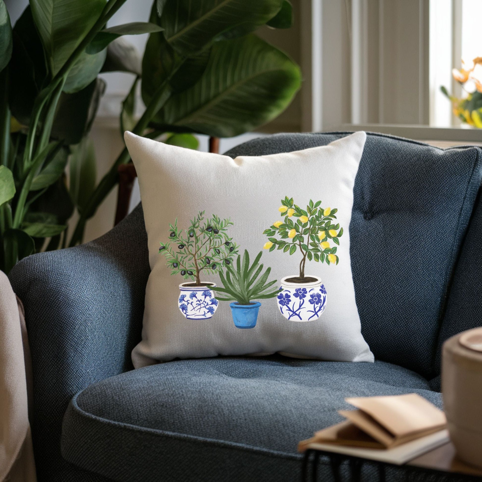 Lemon Olive Aloe Pillow with Blue Pot Planters - MerikaArt