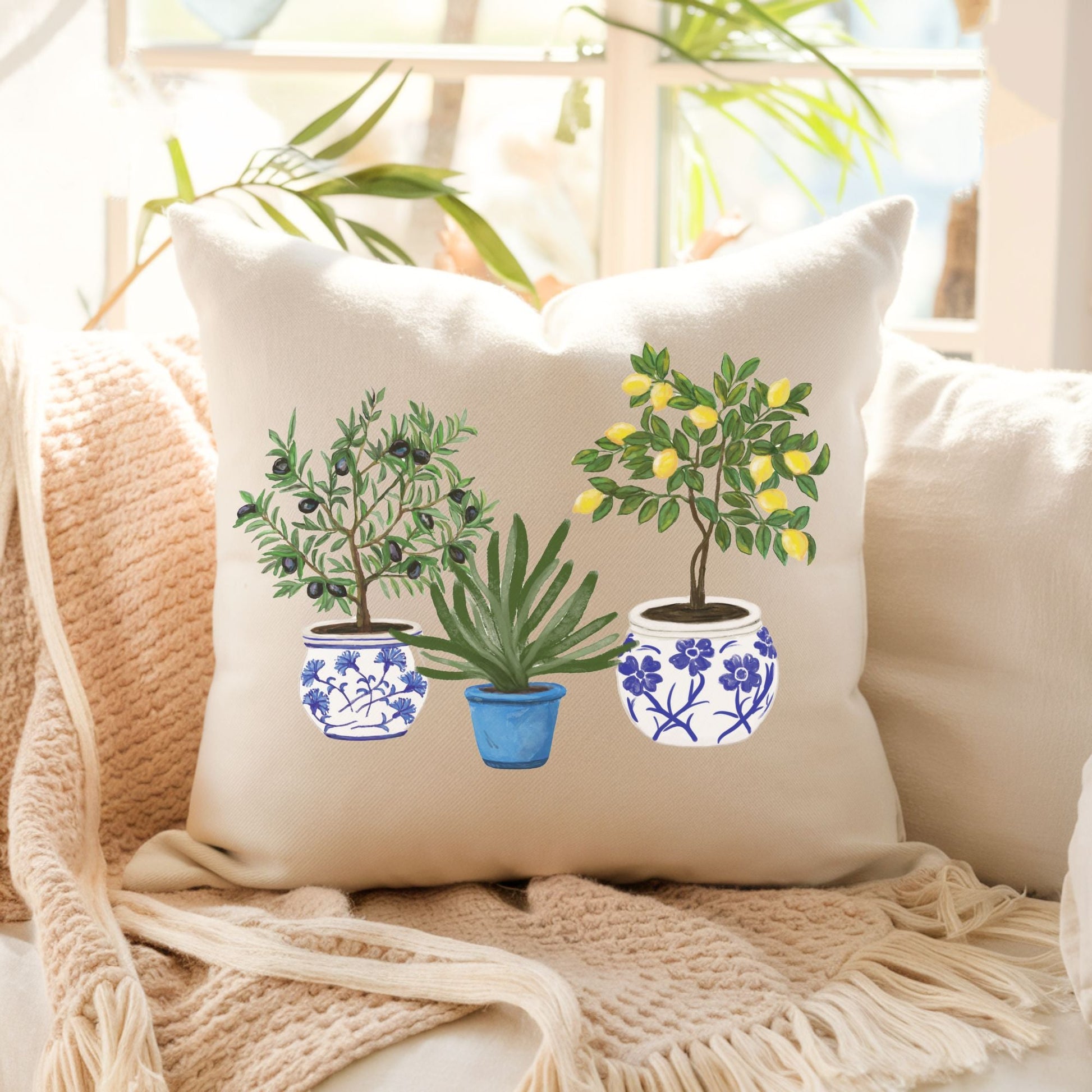 Lemon Olive Aloe Pillow with Blue Pot Planters - MerikaArt