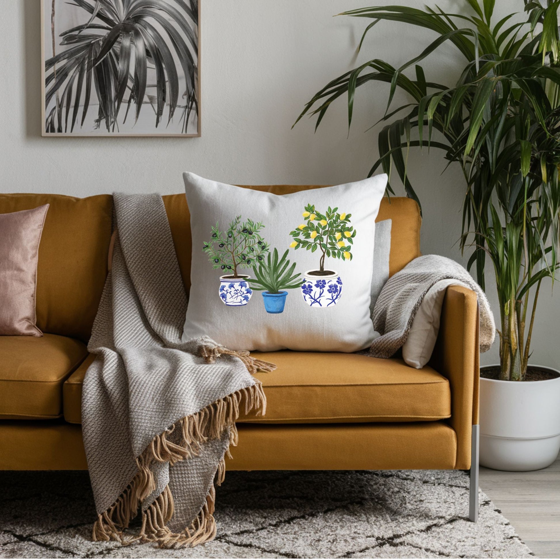Lemon Olive Aloe Pillow with Blue Pot Planters - MerikaArt