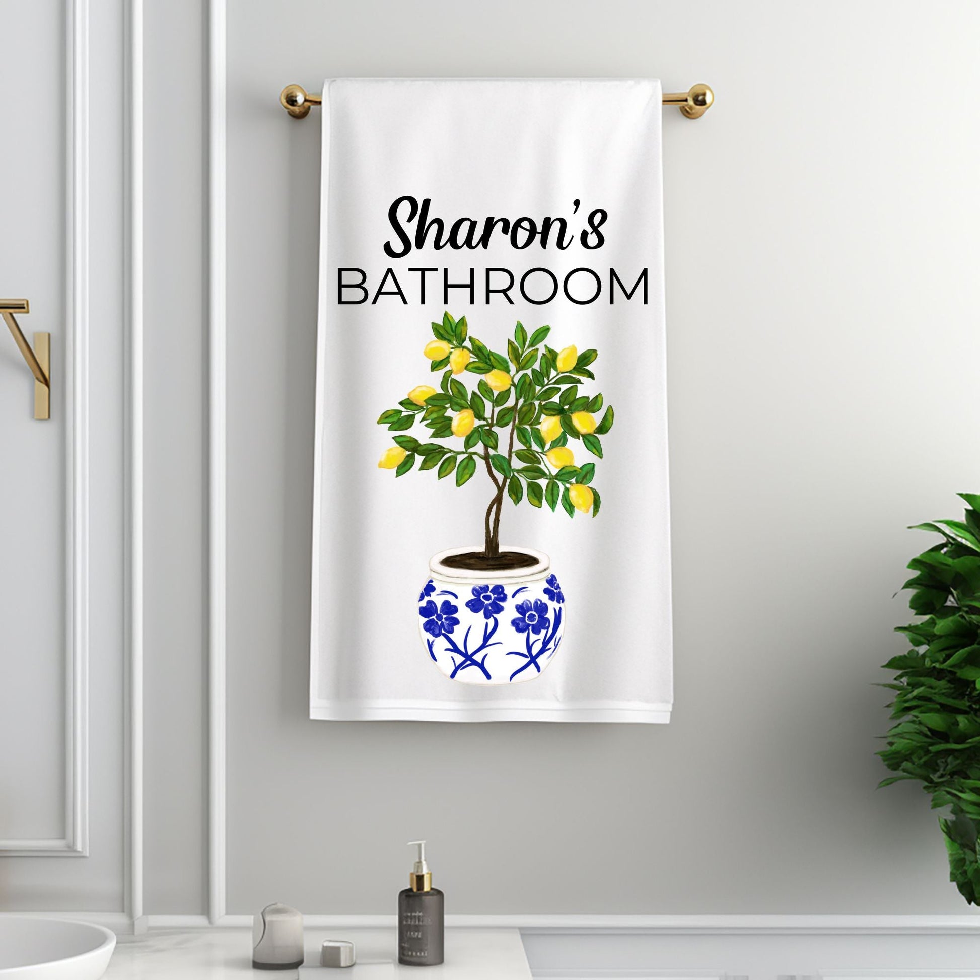 Lemon Tree in Blue Pot Bathroom Towel - MerikaArt