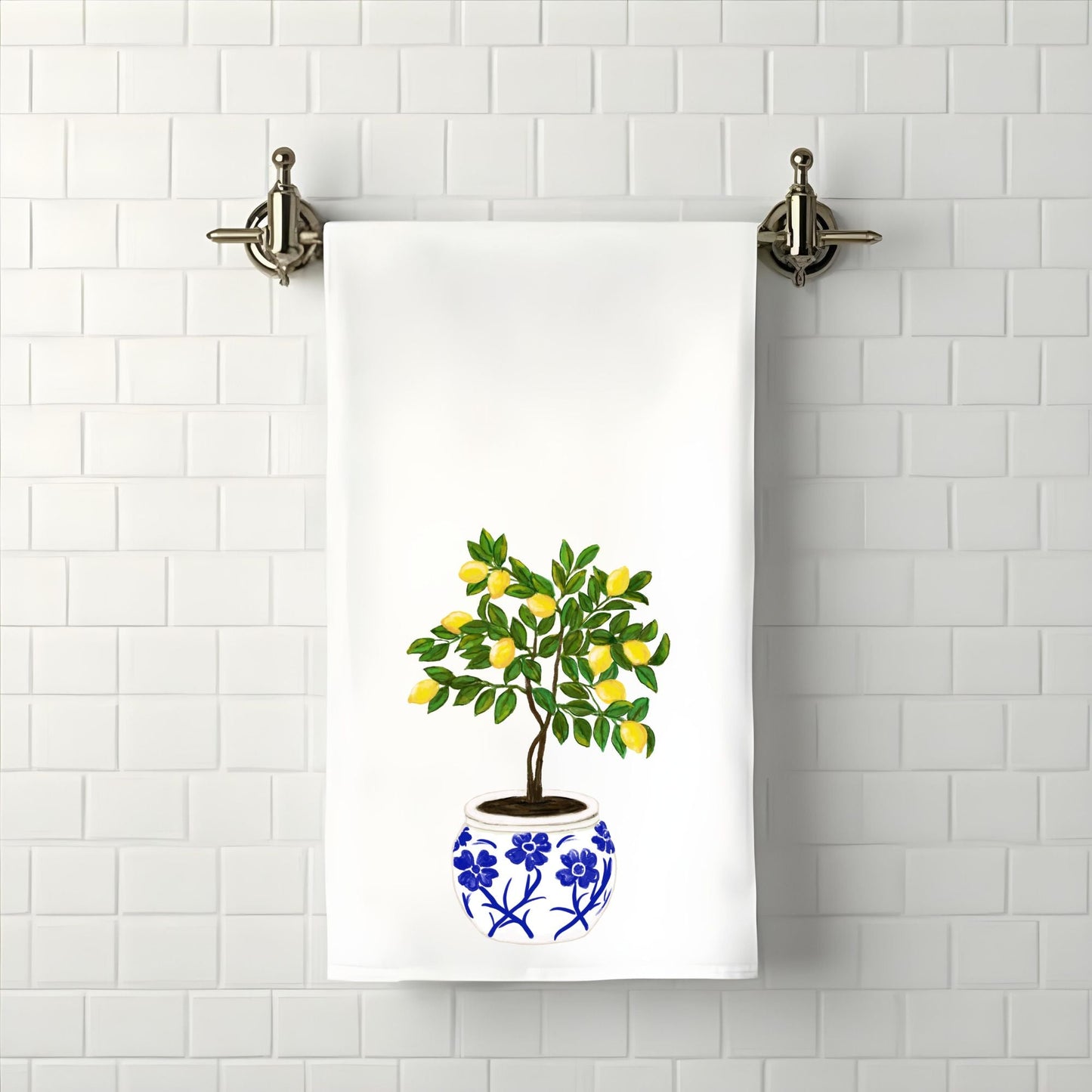 Lemon Tree in Blue Pot Bathroom Towel - MerikaArt