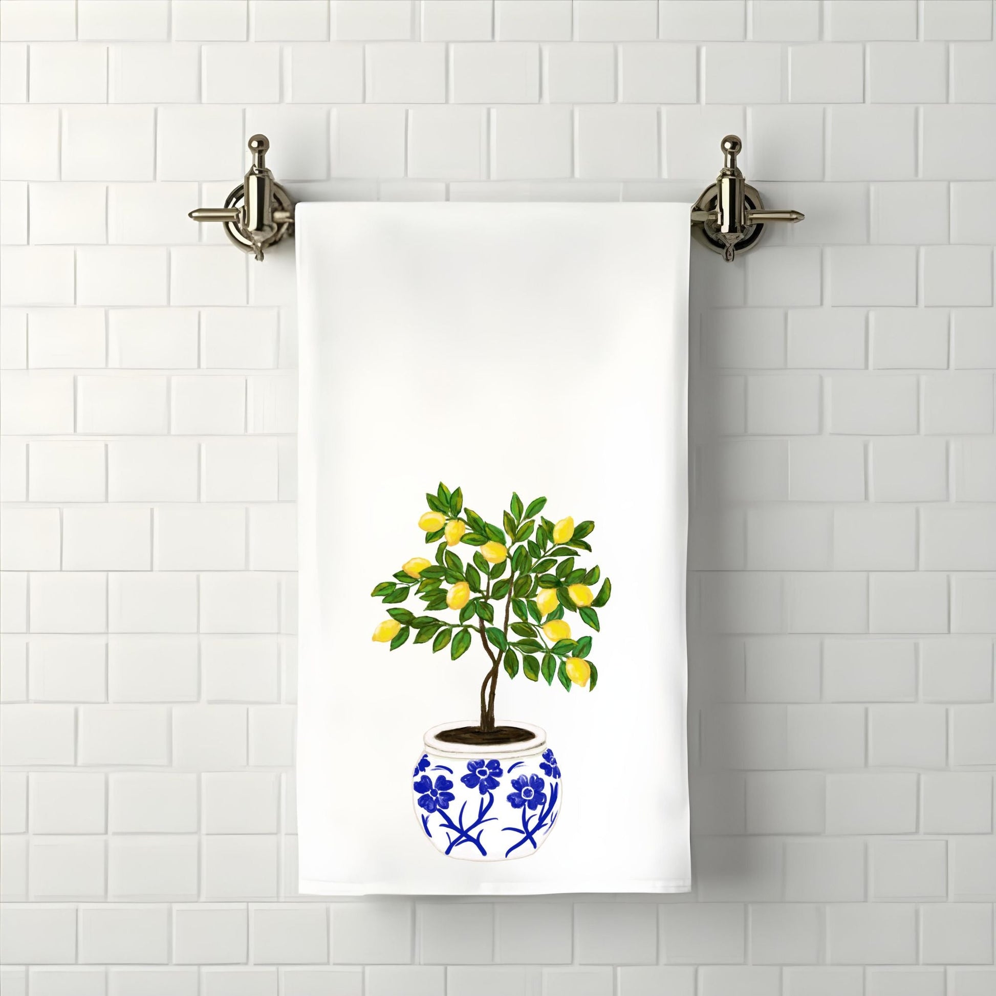 Lemon Tree in Blue Pot Bathroom Towel - MerikaArt