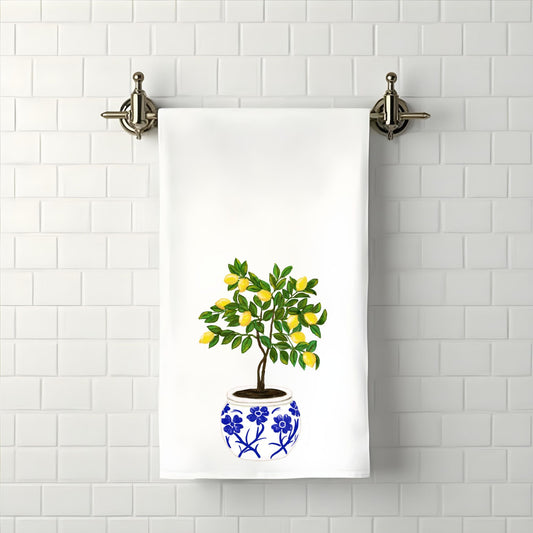 Lemon Tree in Blue Pot Bathroom Towel - MerikaArt