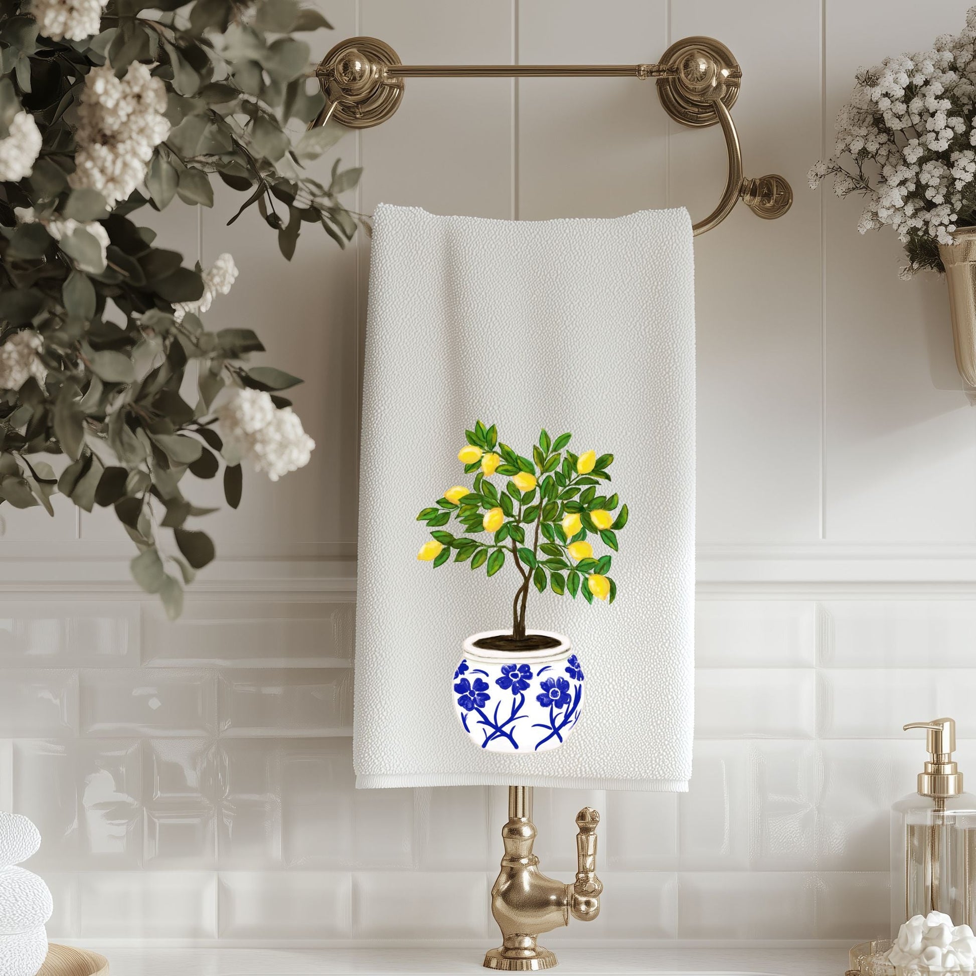 Lemon Tree in Blue Pot Bathroom Towel - MerikaArt