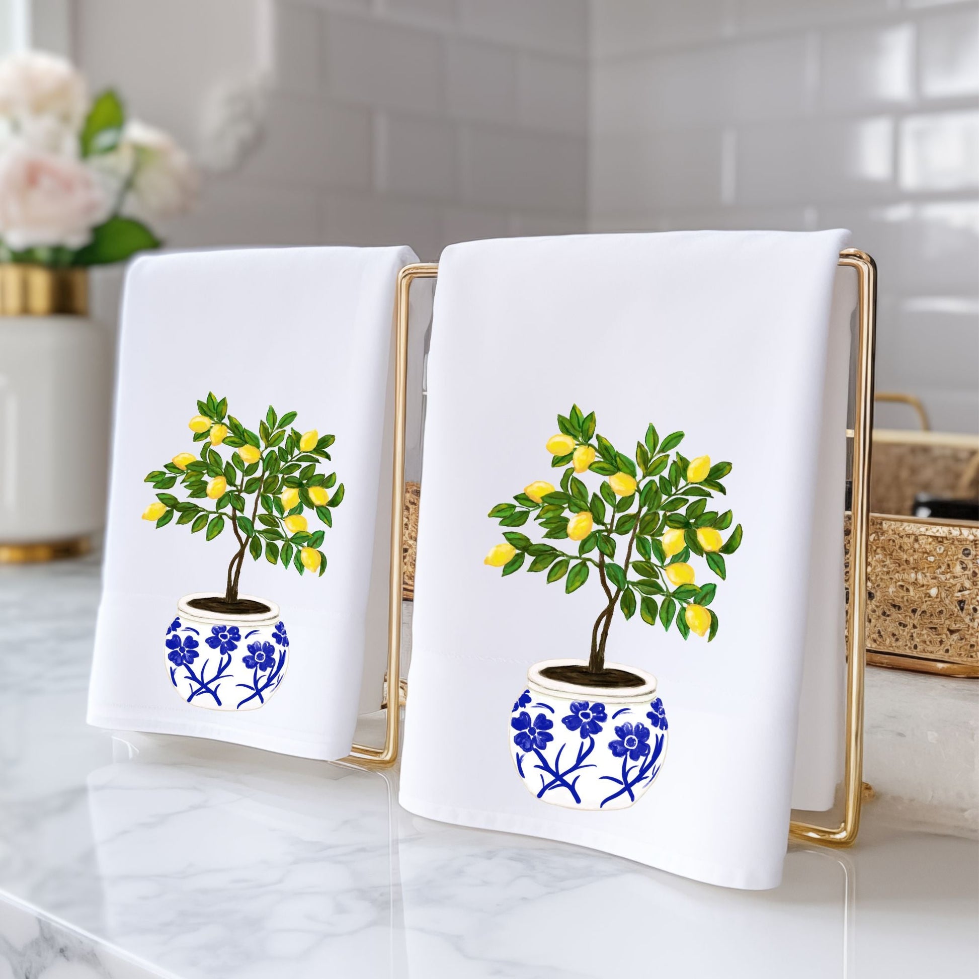 Lemon Tree in Blue Pot Bathroom Towel - MerikaArt