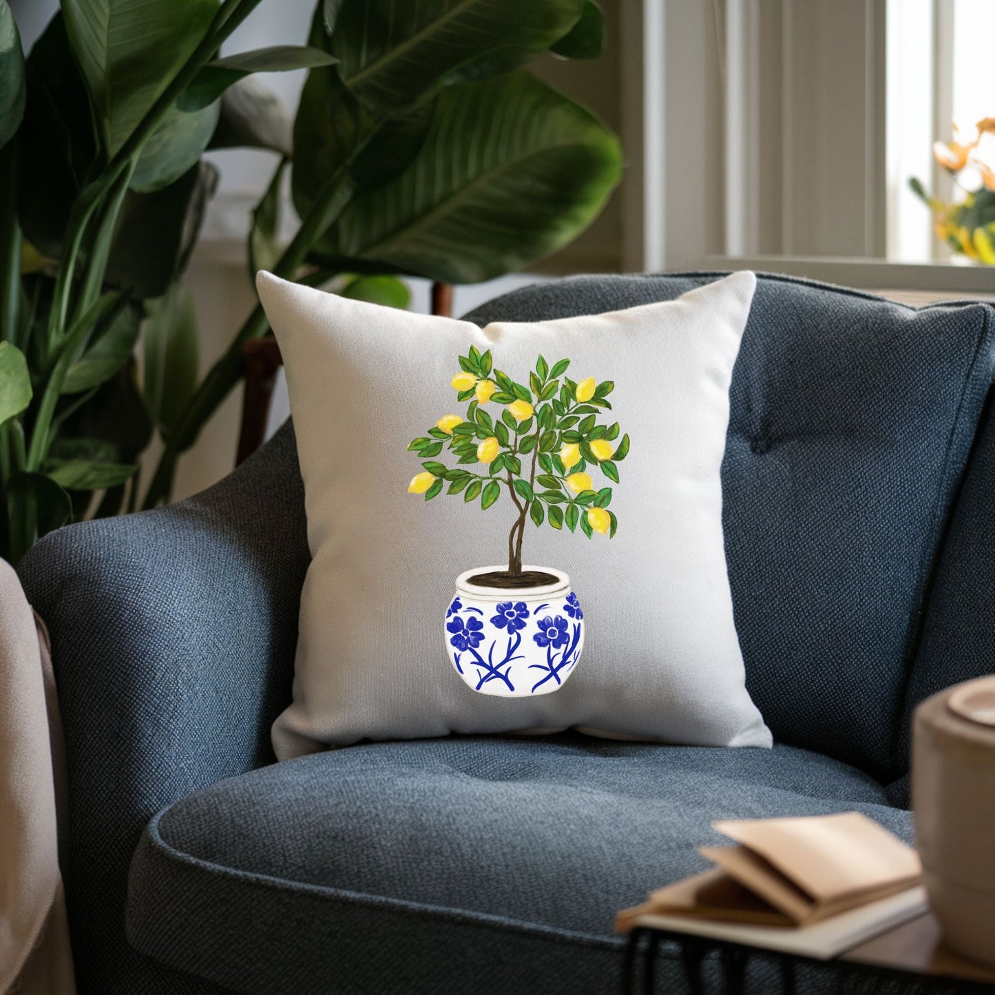 Lemon Tree Pillow with Blue Pot - MerikaArt
