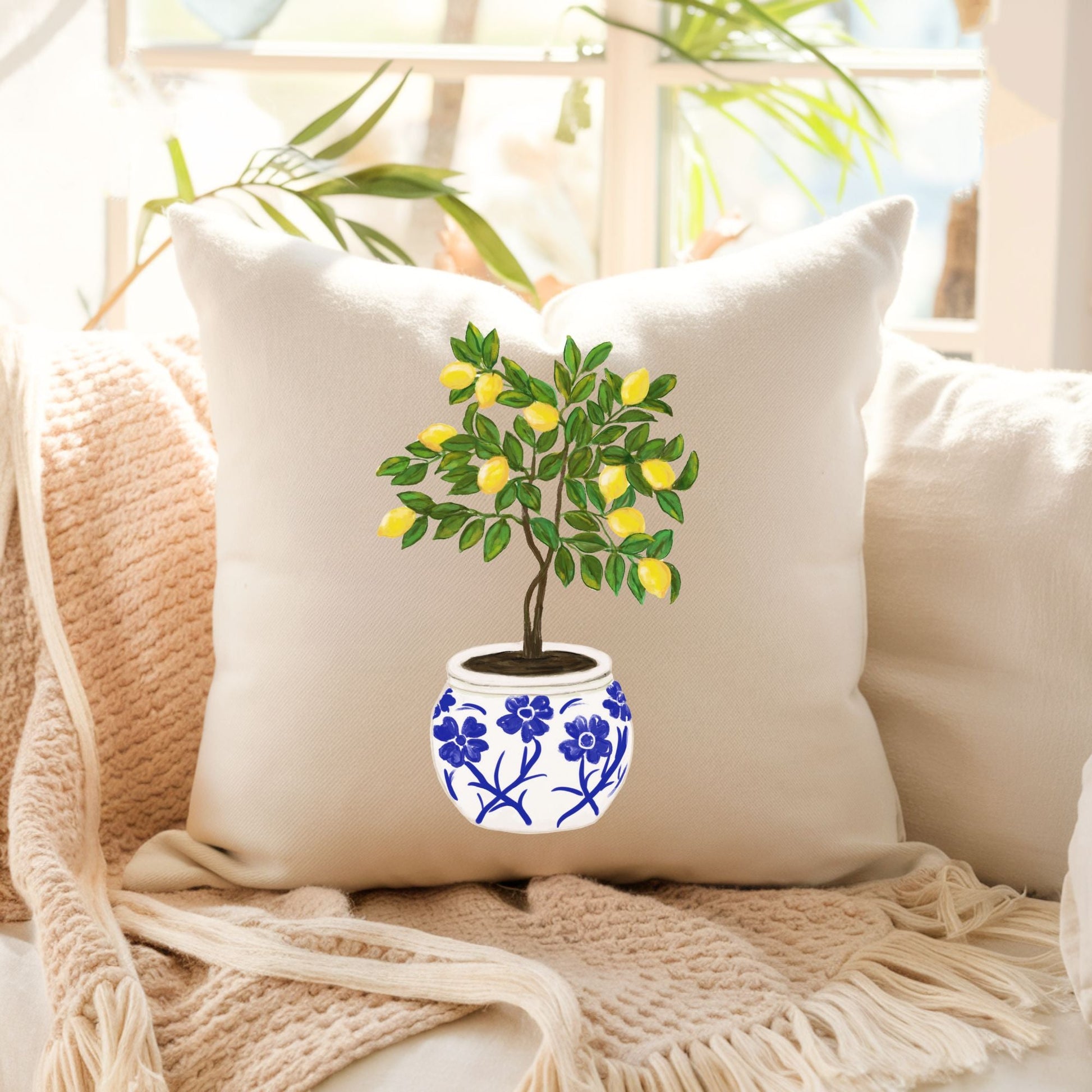 Lemon Tree Pillow with Blue Pot - MerikaArt
