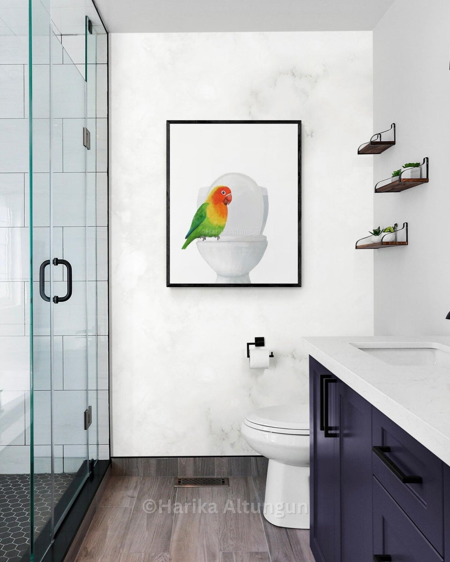 Lovebird On Toilet Print, Parrot Artwork, Bathroom Wall Art, Bird Memorial Painting, Tropical Bird Relaxing In Bath Print, Bird Lover Art - MerikaArt