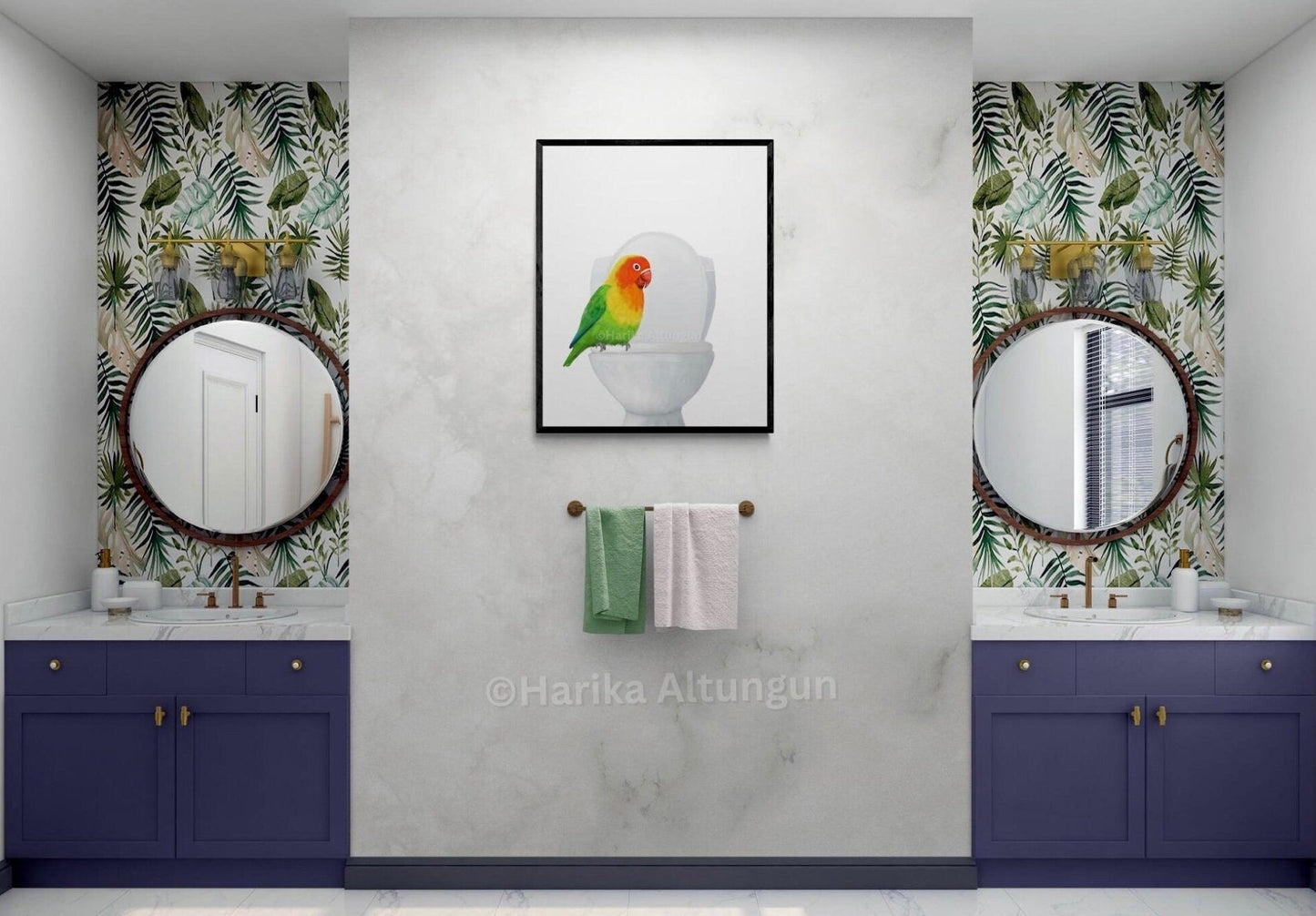 Lovebird On Toilet Print, Parrot Artwork, Bathroom Wall Art, Bird Memorial Painting, Tropical Bird Relaxing In Bath Print, Bird Lover Art - MerikaArt