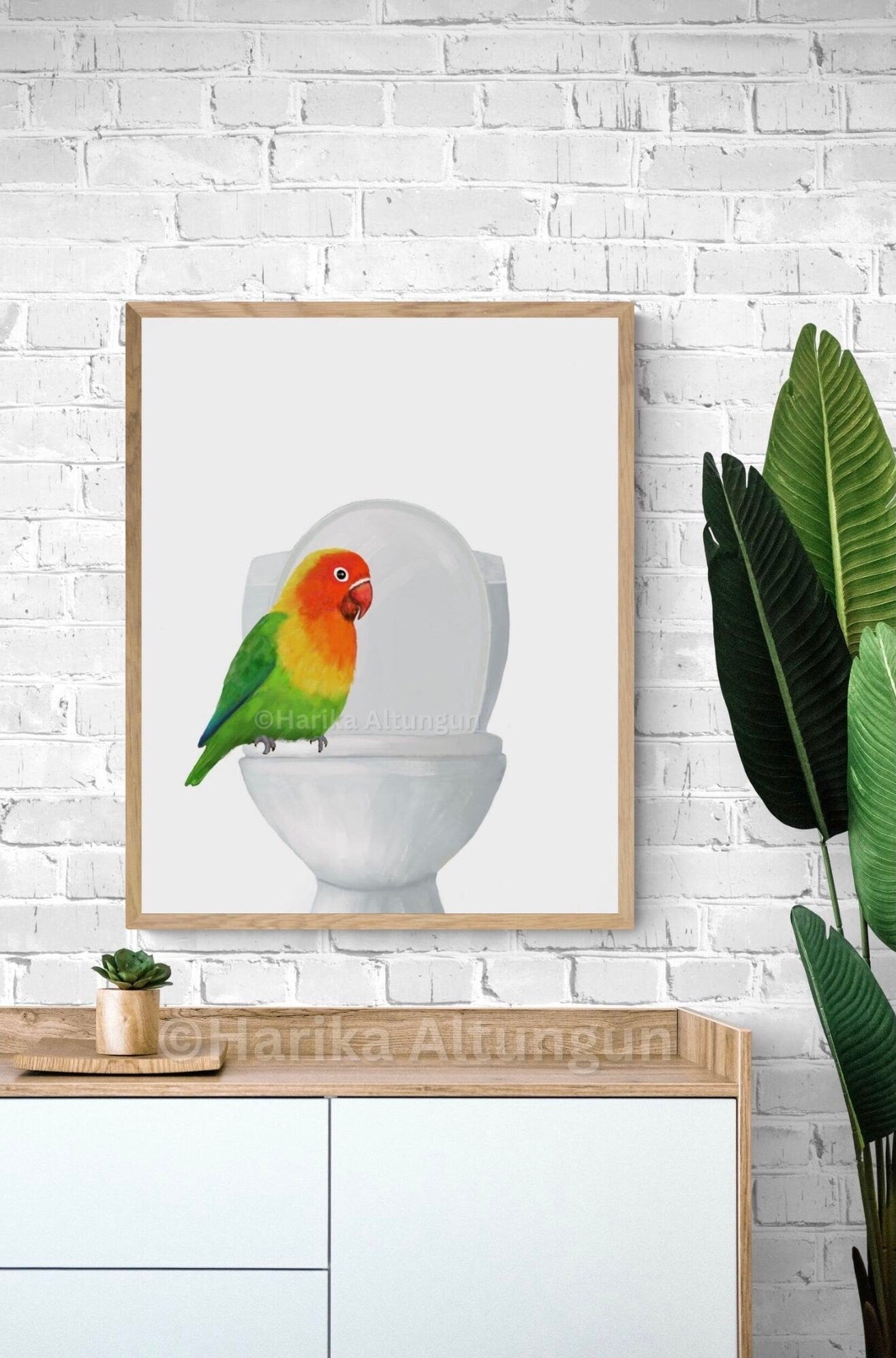 Lovebird On Toilet Print, Parrot Artwork, Bathroom Wall Art, Bird Memorial Painting, Tropical Bird Relaxing In Bath Print, Bird Lover Art - MerikaArt