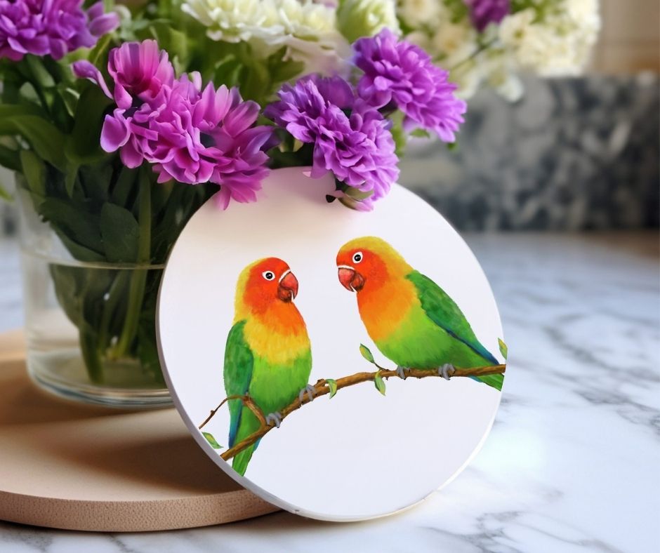 Lovebird Pair Ceramic Coaster - MerikaArt