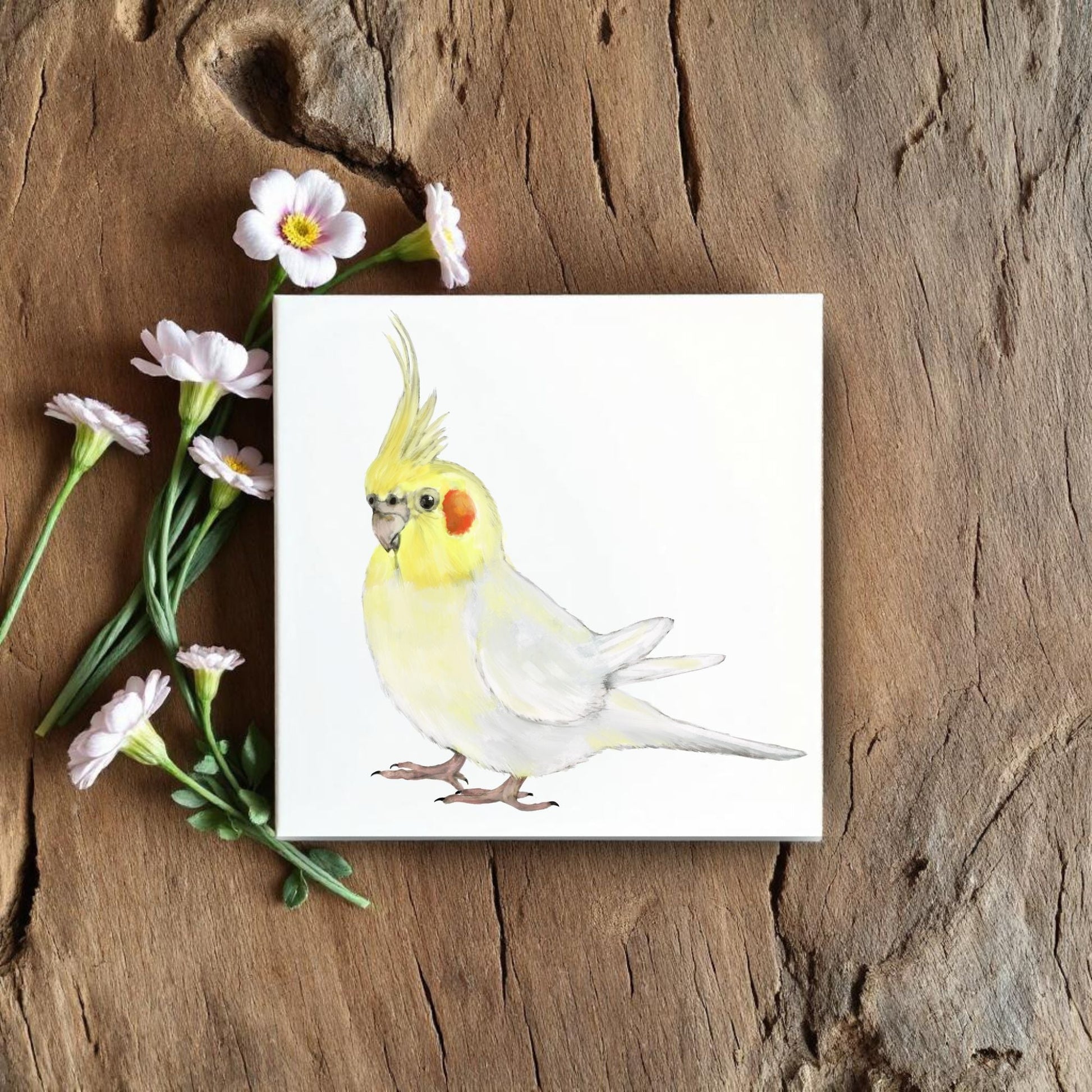 Lutino Cockatiel Ceramic Tile – Handcrafted Bird Lover Artwork - MerikaArt