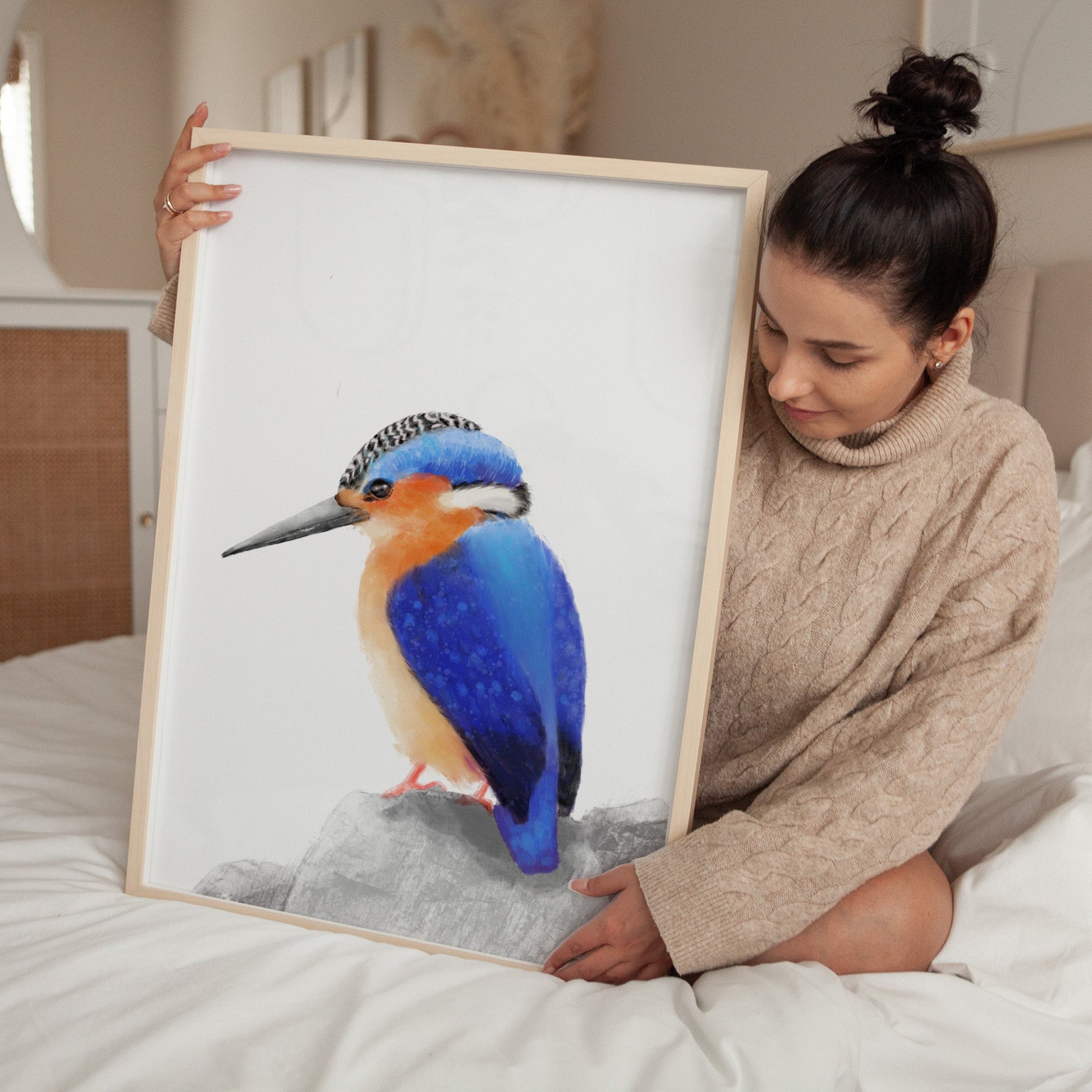 Malachite Kingfisher Art Print – Vibrant Blue and Orange Bird Decor - MerikaArt