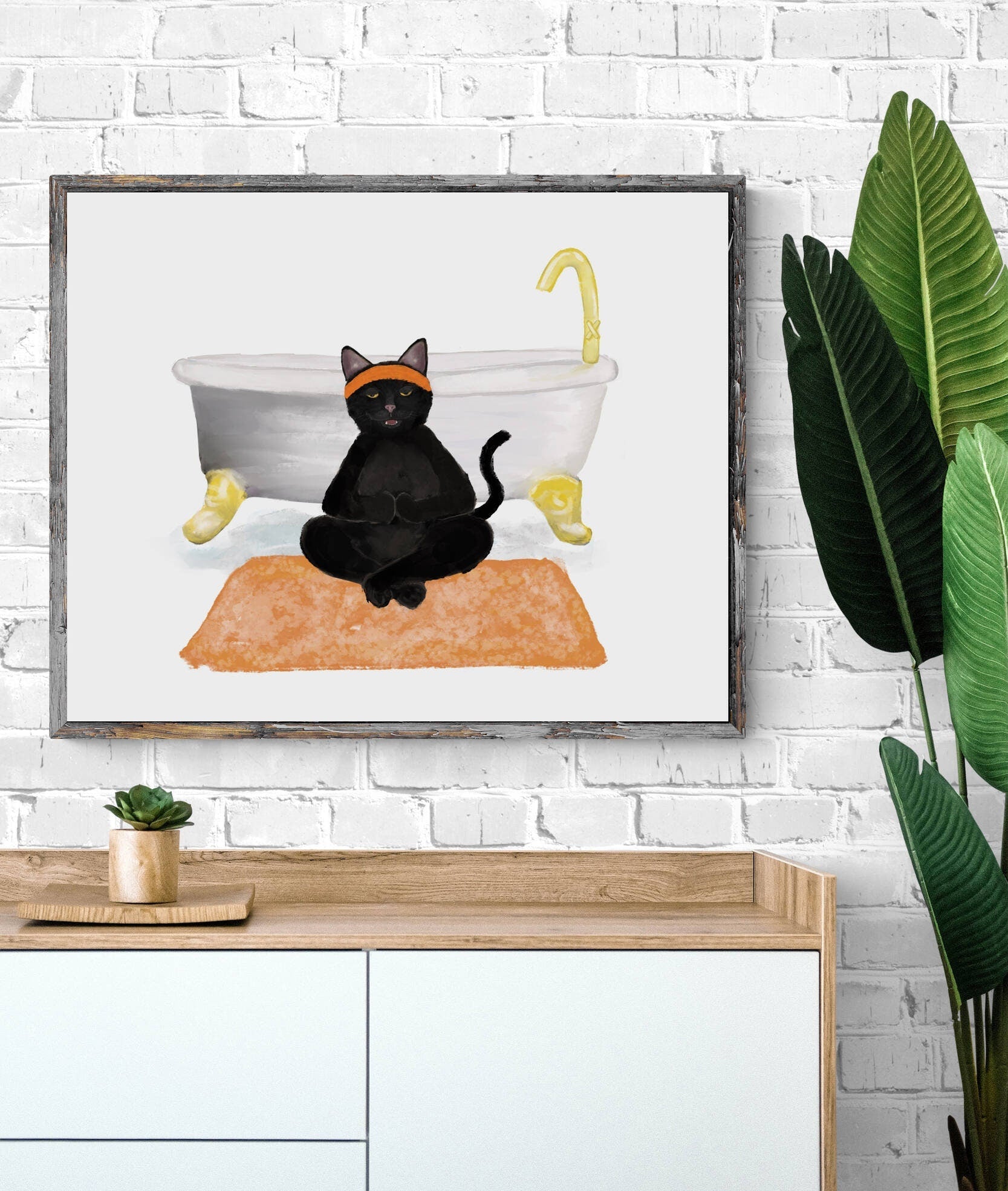 Meditating Black Cat Print, Black Cat Doing Yoga in Bathroom Art, Bathroom Cat Painting, Cat Relaxing In Bath Print, Cat Lover Gift - MerikaArt