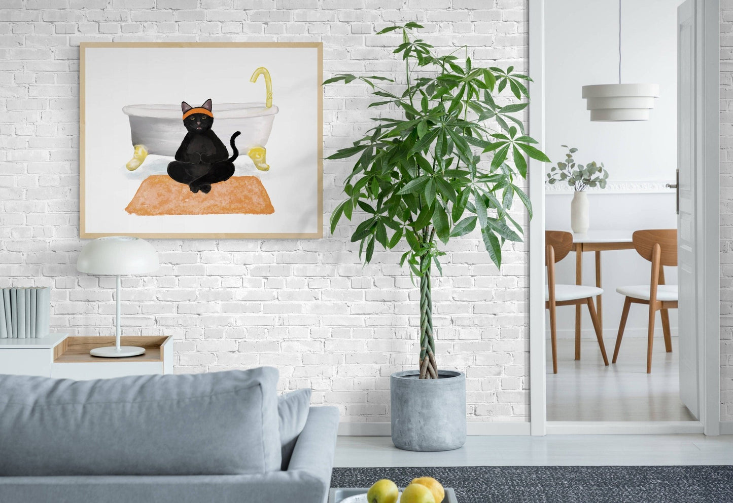 Meditating Black Cat Print, Black Cat Doing Yoga in Bathroom Art, Bathroom Cat Painting, Cat Relaxing In Bath Print, Cat Lover Gift - MerikaArt